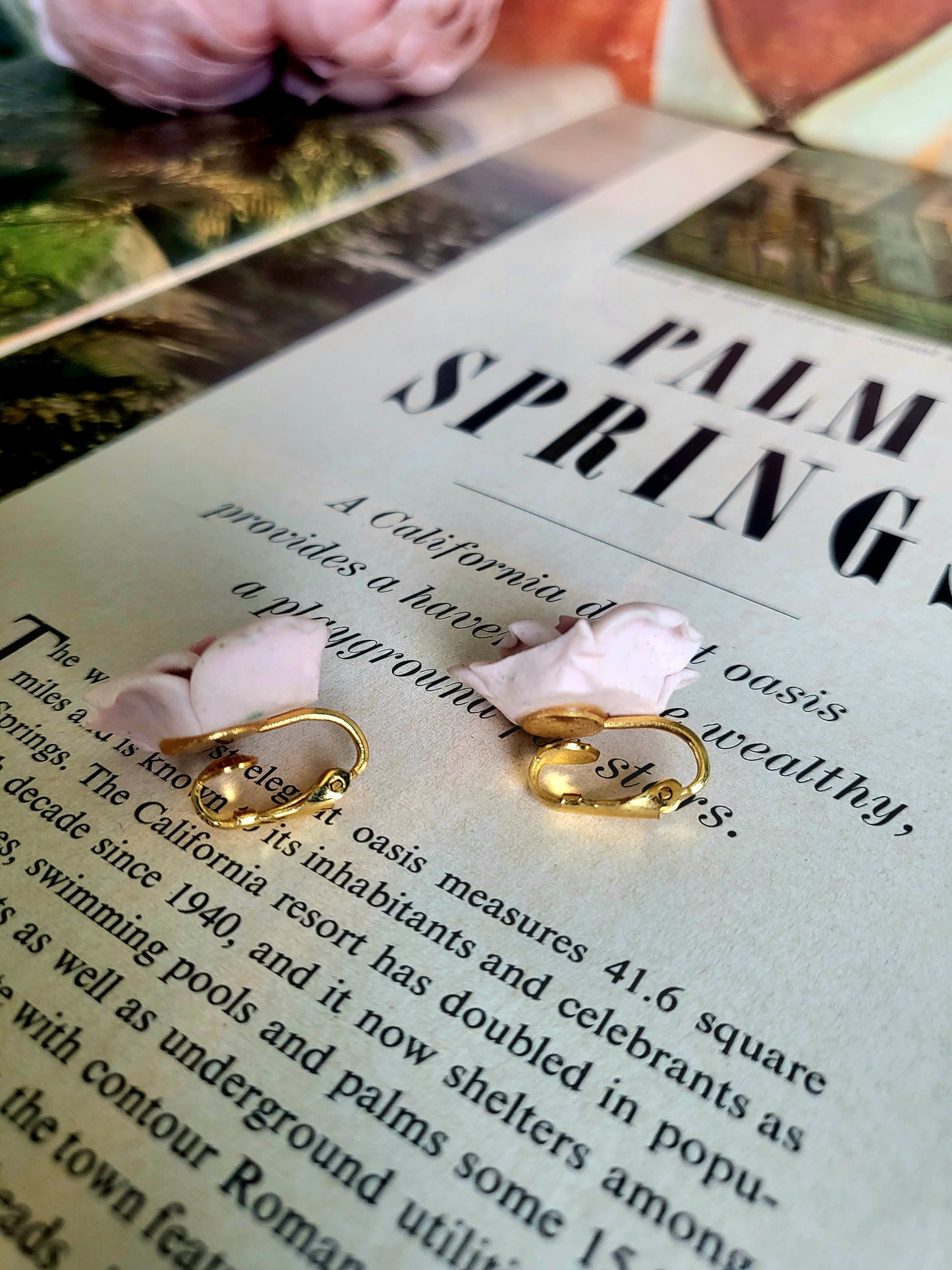 Vintage Pink Clay Rose Earrings and Golden Fence with Pink Roses Brooch Set (Clip-on)