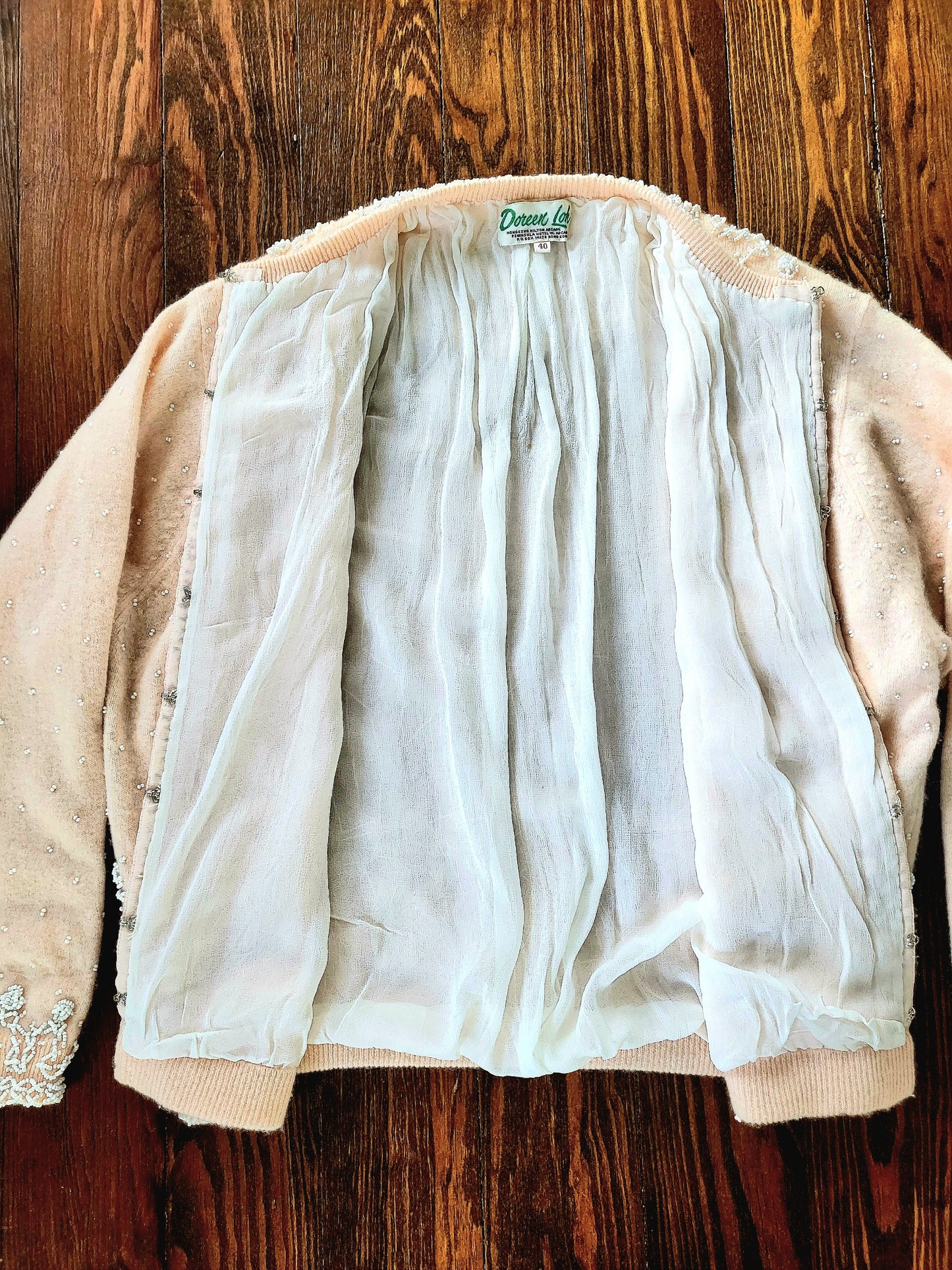 SOLD - Vintage 1950's Doreen Loh Pale Peach Beaded Cashmere Wool Cardigan