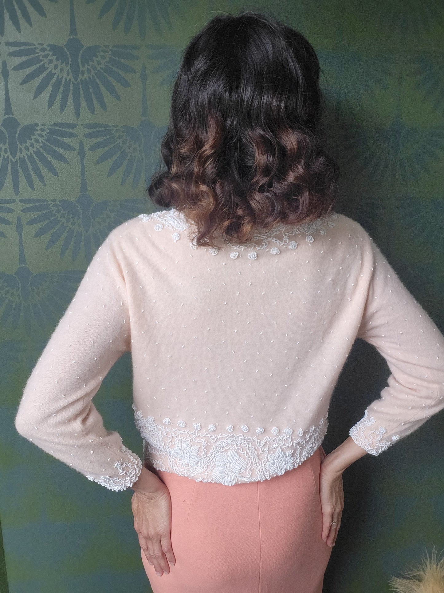 SOLD - Vintage 1950's Doreen Loh Pale Peach Beaded Cashmere Wool Cardigan