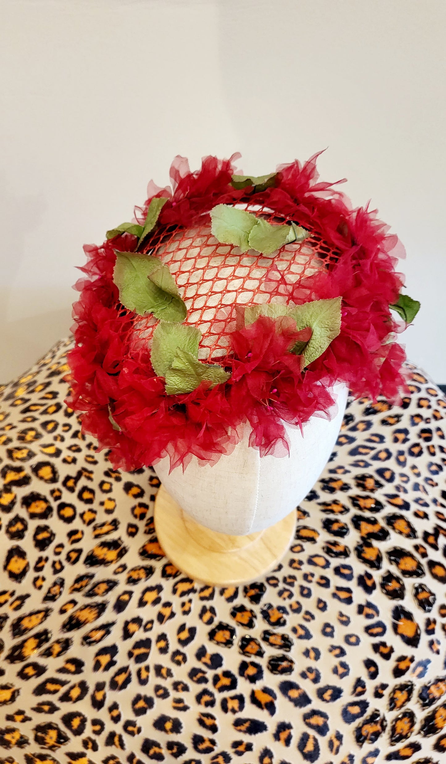 SOLD - Vintage Red Flower and Green Leaf Crescent Fascinator Hat