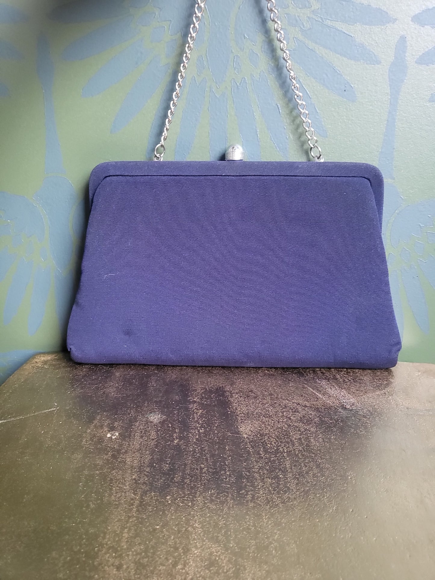 SOLD - Vintage 1940's-1950's Navy Satin Evening Handbag
