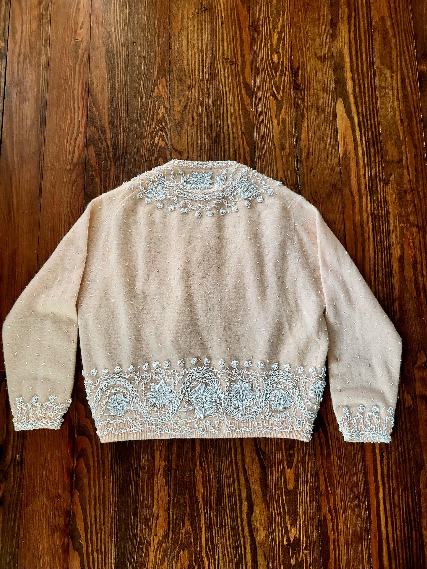 SOLD - Vintage 1950's Doreen Loh Pale Peach Beaded Cashmere Wool Cardigan
