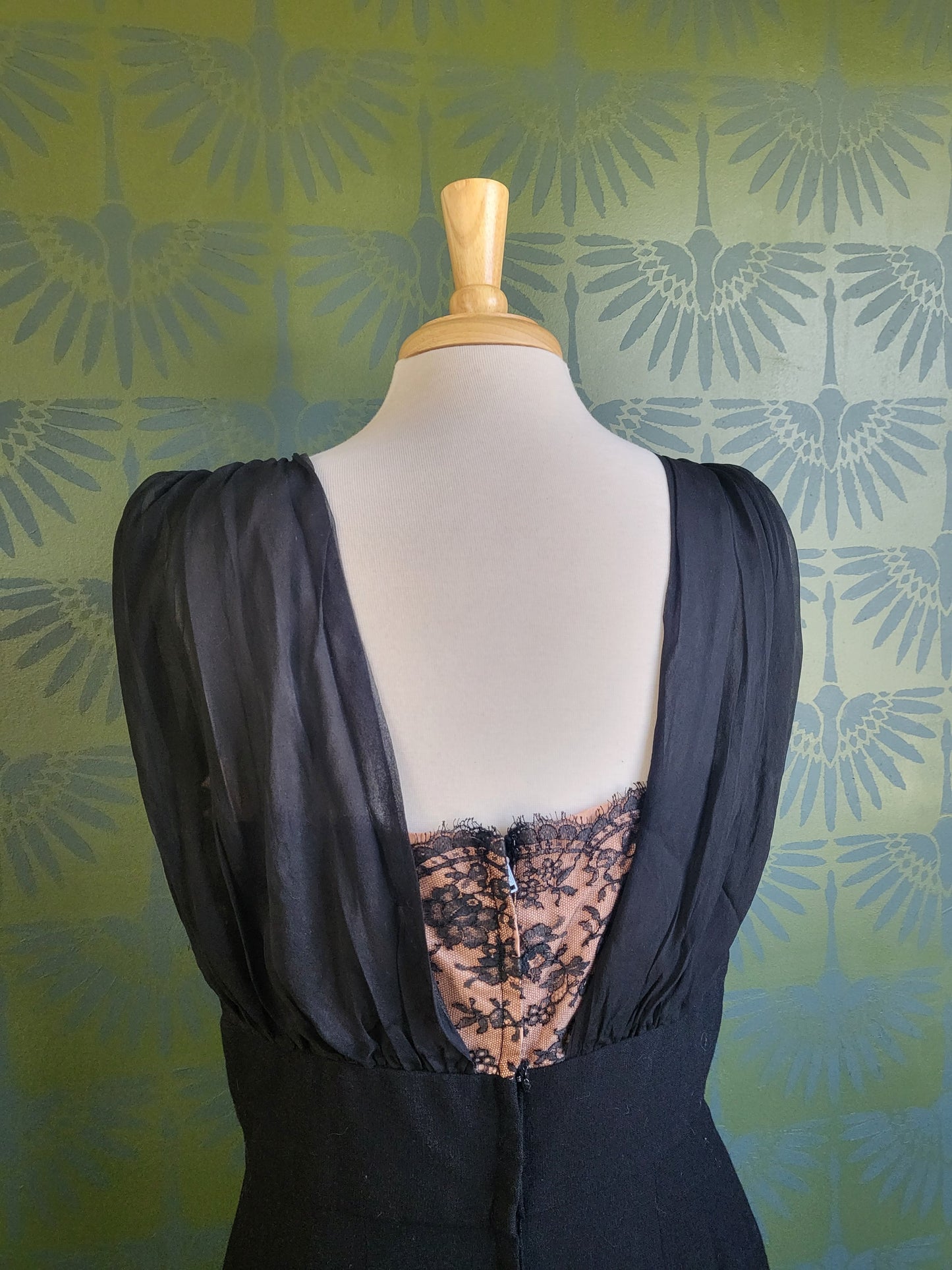 Vintage Black Cocktail Dress with Lace and Silk Chiffon Bodice