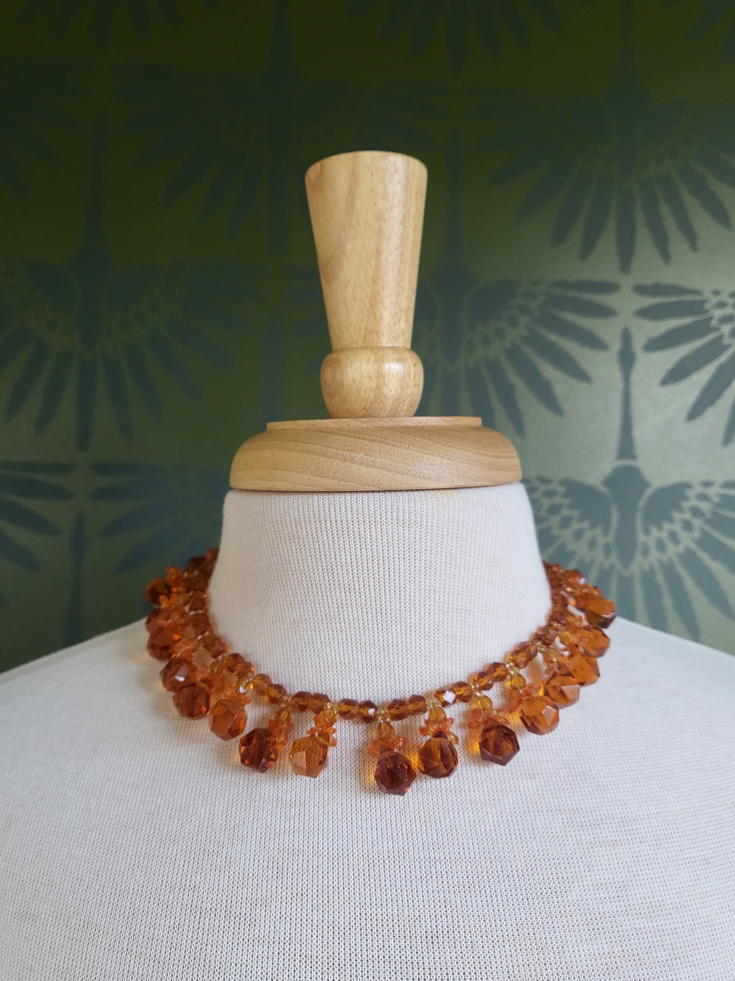 SOLD - Vintage Translucent Pumpkin Faux Crystal Bead Necklace and Earring Set