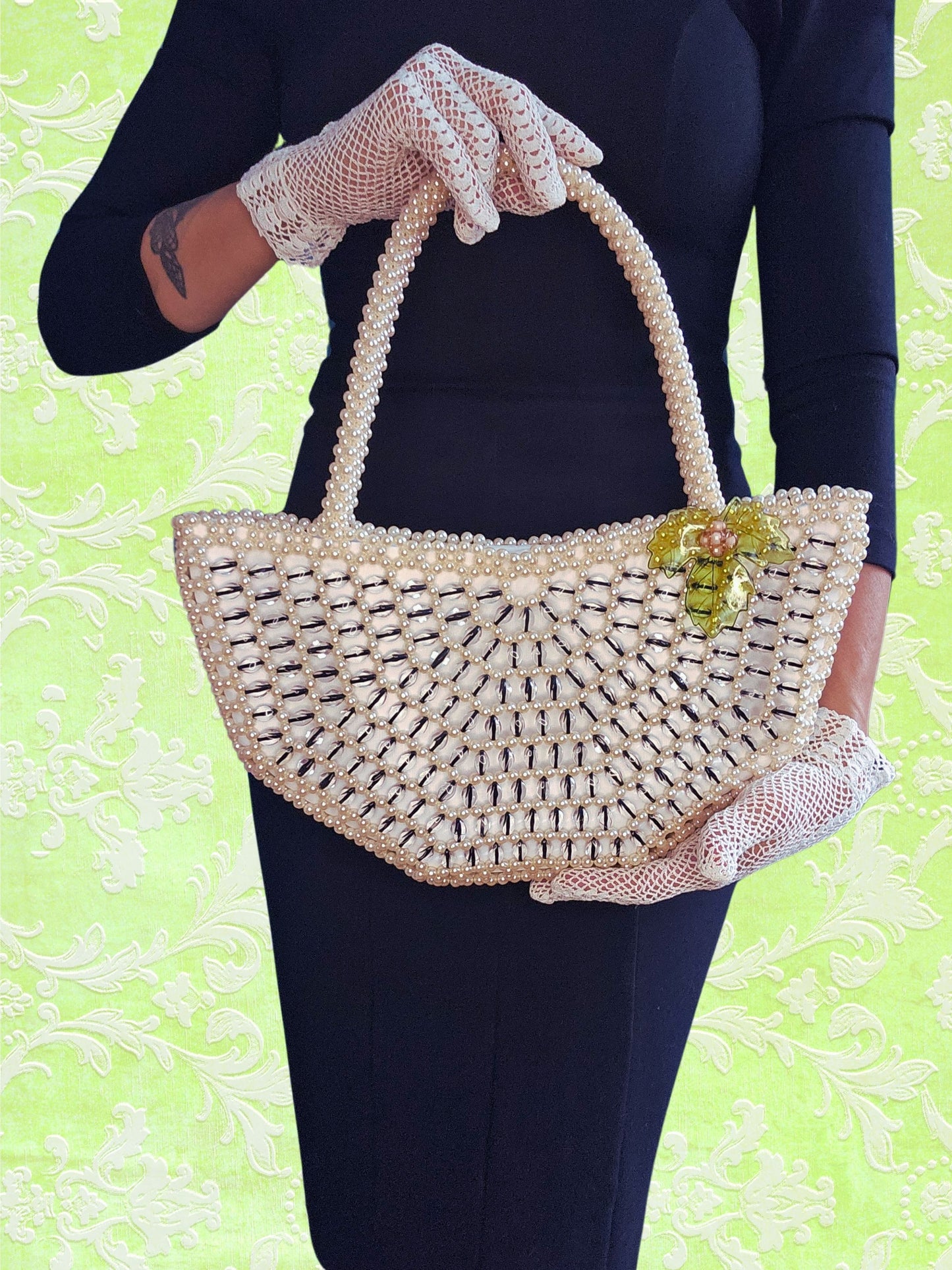 SOLD - Vintage Faux Pearl and Beaded Spider Web Handbag
