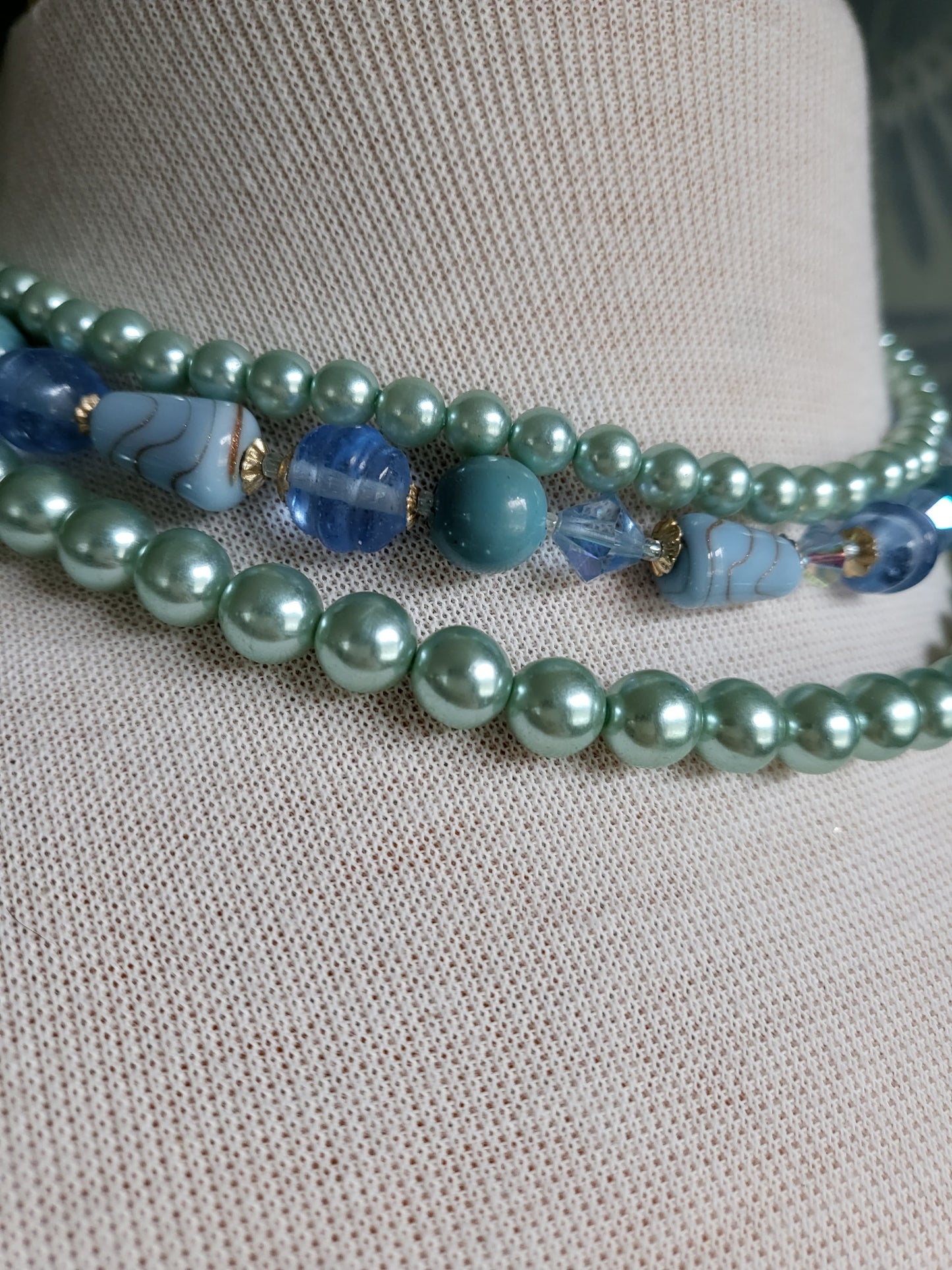 SOLD - Vintage Seafoam Green Faux Pearl and Blue Bead Necklace