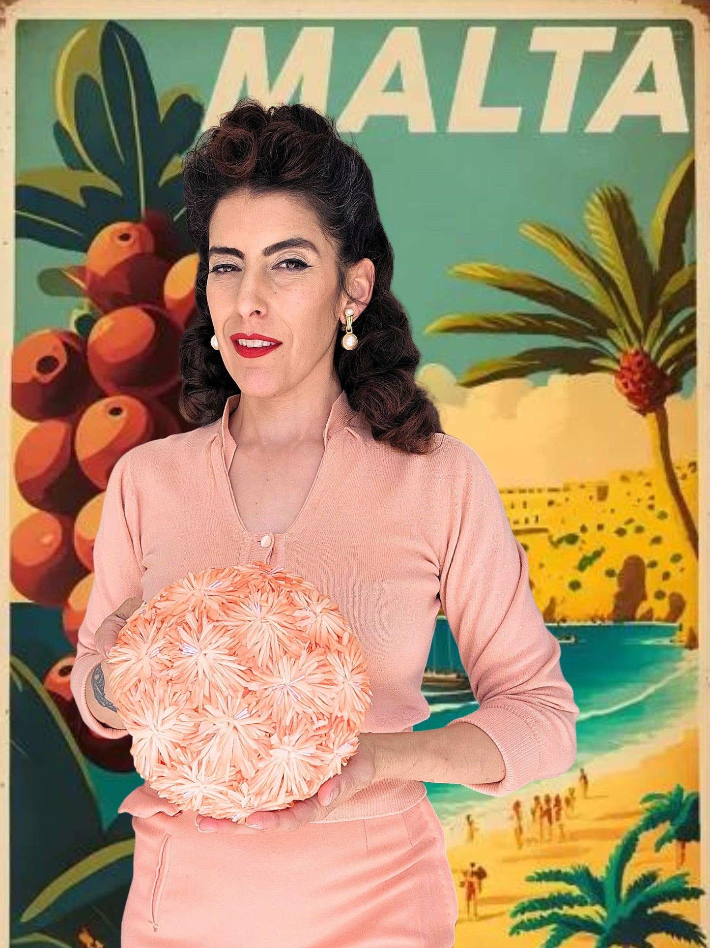 SOLD - Vintage 1950's - 1960's Peach Chrysanthemum Crescent Topper