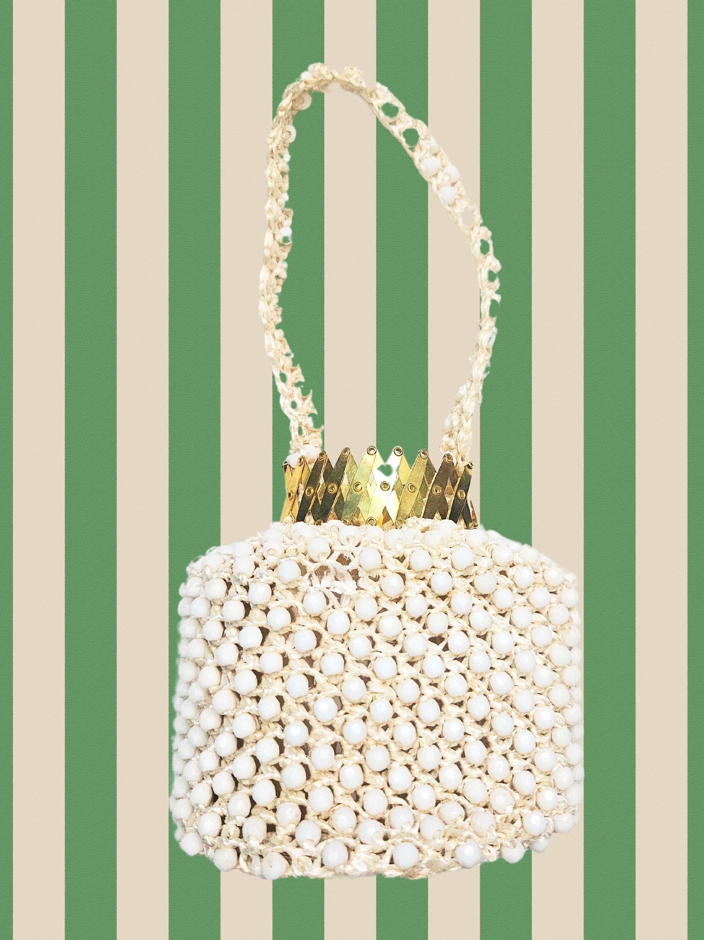 SOLD - Vintage 1950's "Le Jule" White Beaded Straw Accordion Top Bag