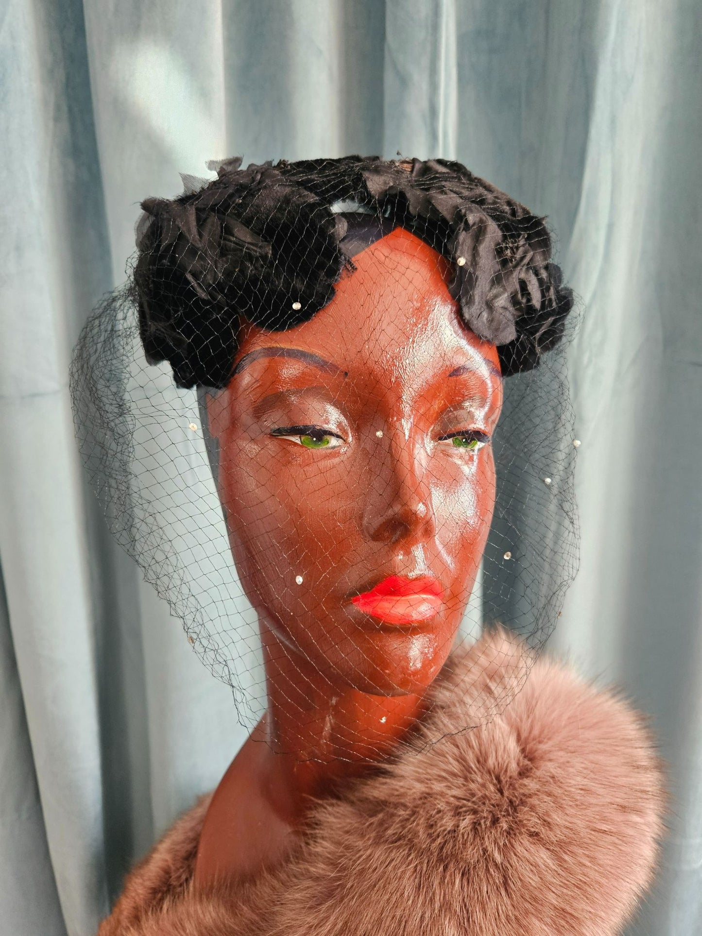 SOLD - Vintage 1950's Black Velvet & Silk Floral Topper