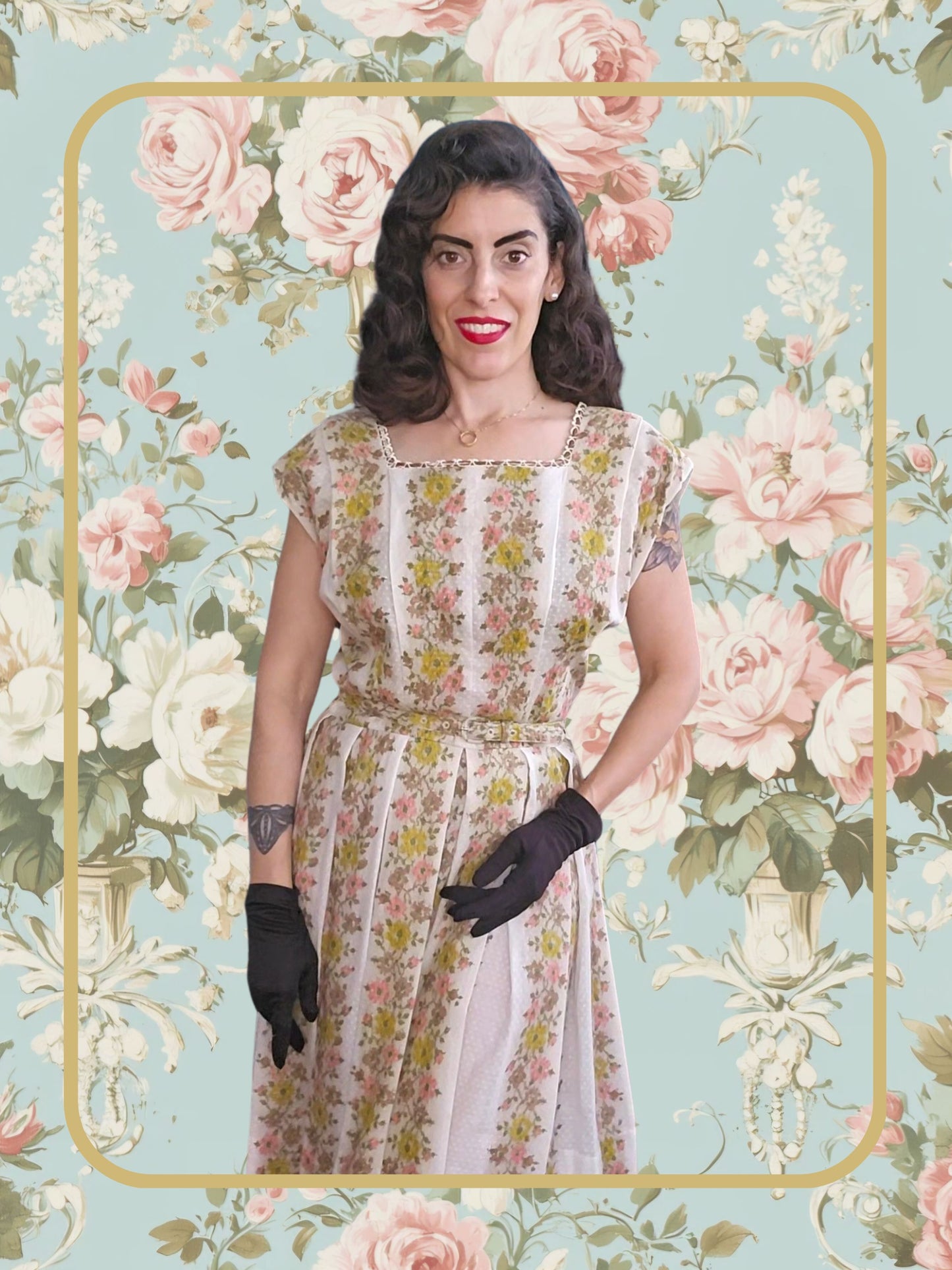 SOLD - Vintage 1950's Swiss Dot Floral Dress
