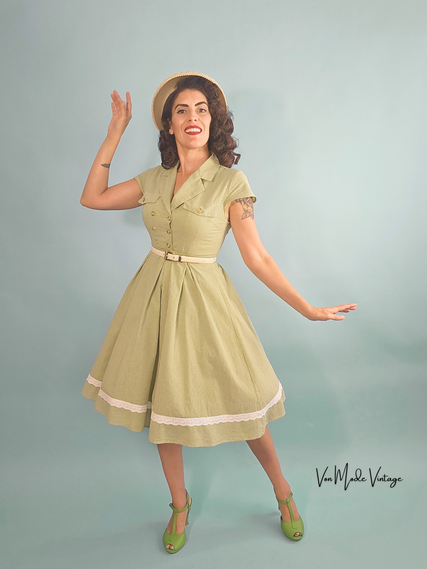 1940's Style Shirtwaist Dress - Green Gingham