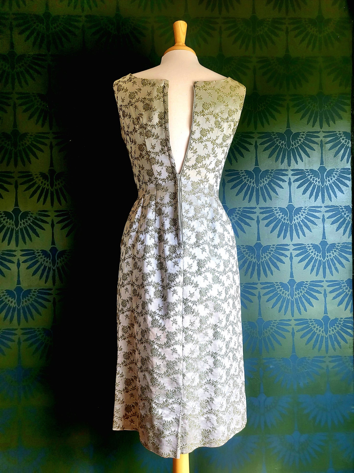SOLD - Vintage 1950's-1960's Carol Craig Sage Green Brocade Wiggle Dress with Bolero