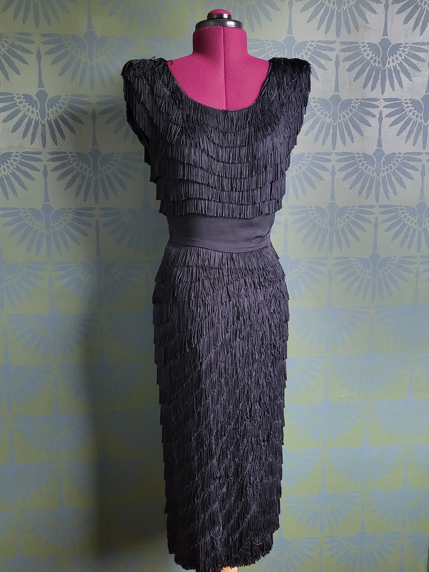 Vintage 1950's Patullo-Jo Copeland Silk Crepe Fringe Wiggle Dress