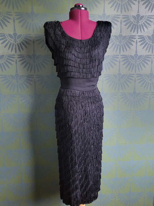 Vintage 1950's Patullo-Jo Copeland Silk Crepe Fringe Wiggle Dress