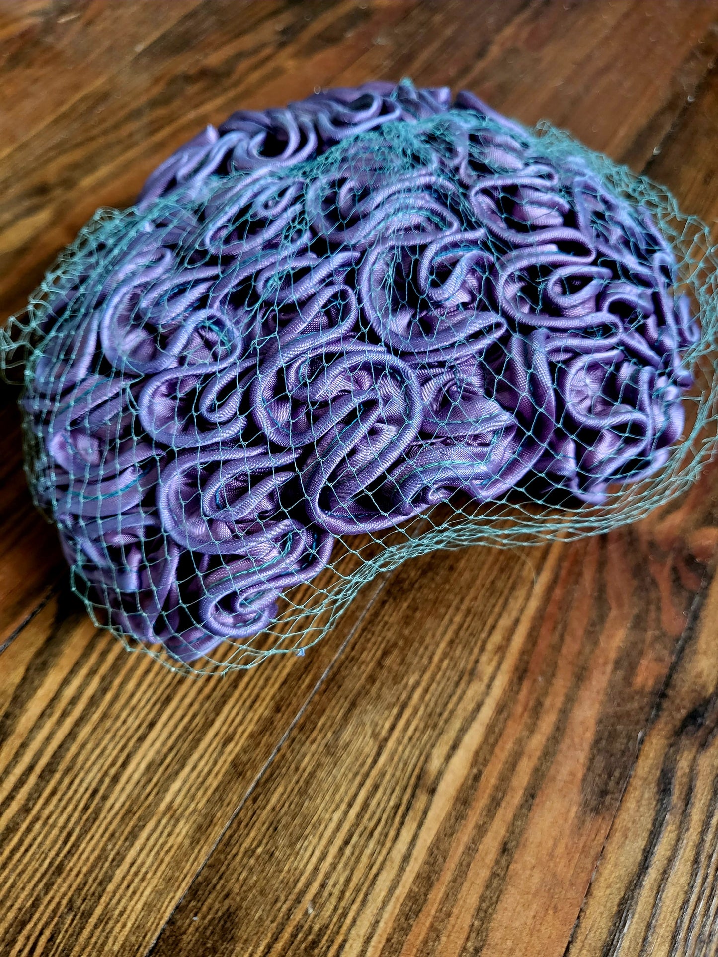 SOLD - Vintage 1950s-1960s Linda Anne Fashions Deep Lilac Rippled Satin Juliet Cap with Teal Birdcage Veil - HAT7