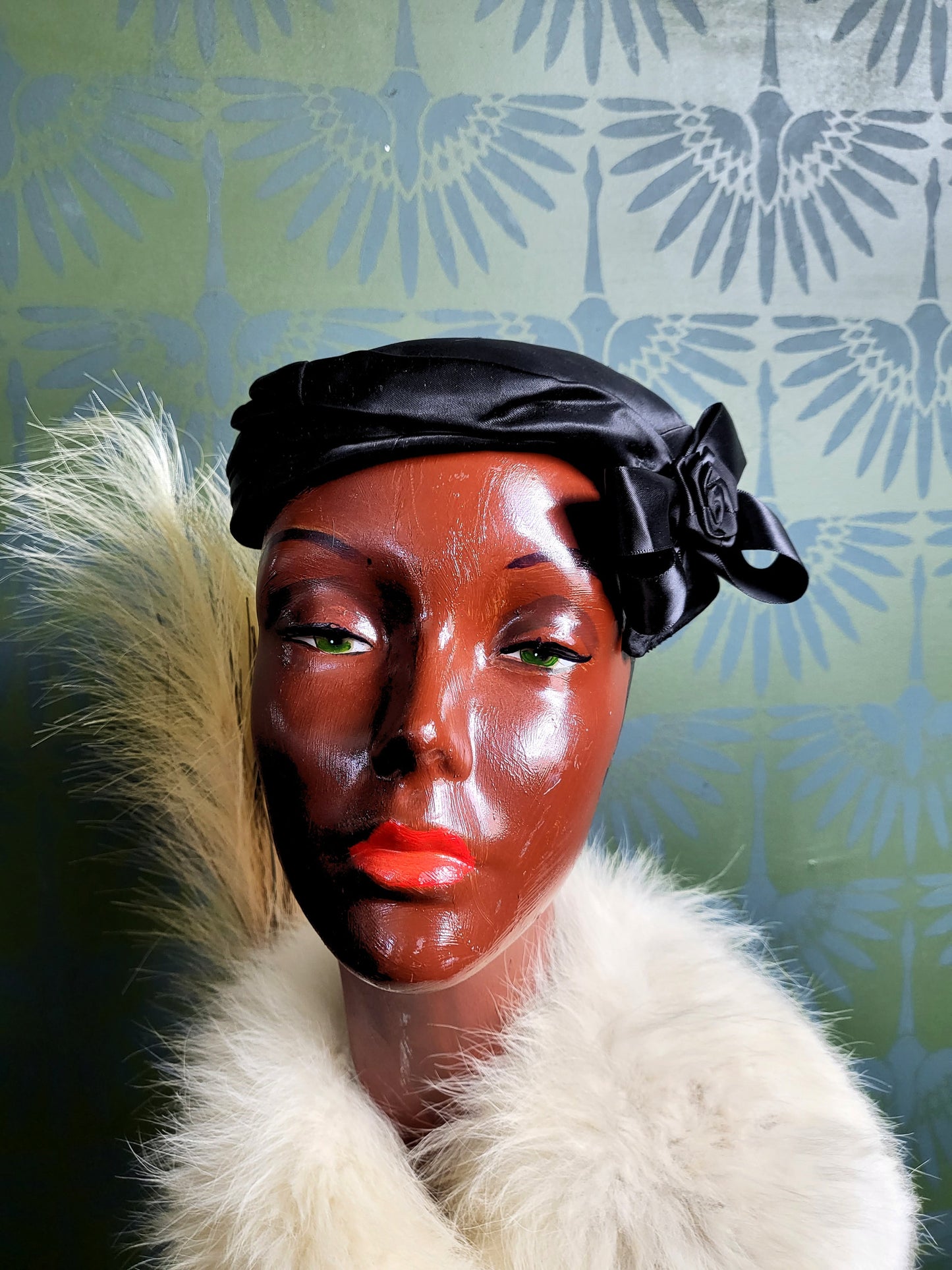 SOLD - Vintage 1950's Black Satin Circle Hat