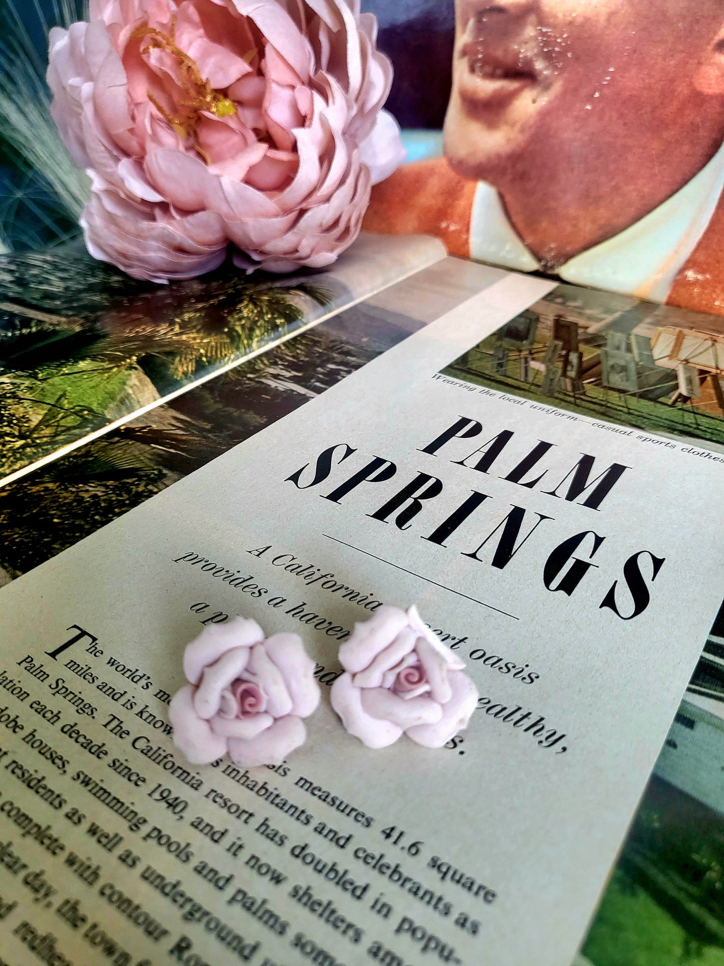 Vintage Pink Clay Rose Earrings and Golden Fence with Pink Roses Brooch Set (Clip-on)
