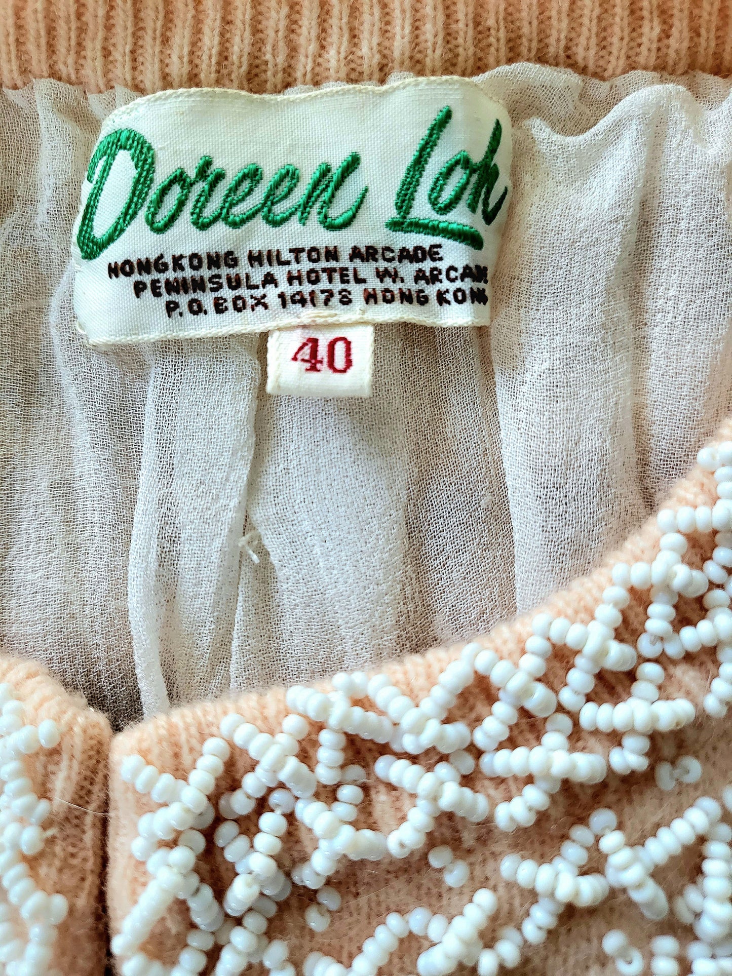 SOLD - Vintage 1950's Doreen Loh Pale Peach Beaded Cashmere Wool Cardigan