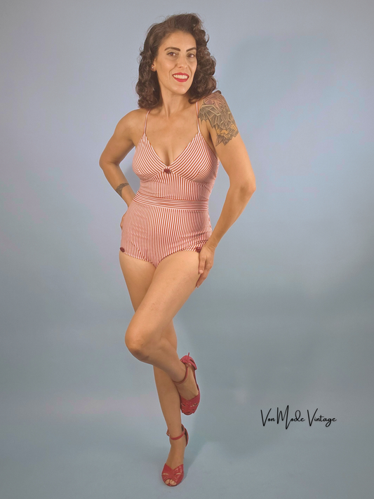 1940s Style Red Striped Swimsuit