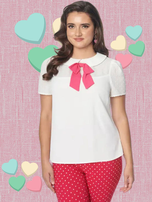 White & Pink Collar Bow Blouse