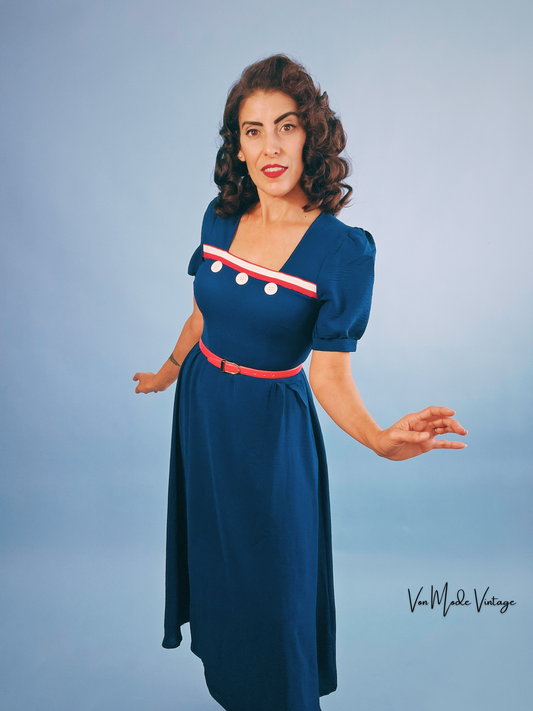 1940's Style Navy Square Neck Dress