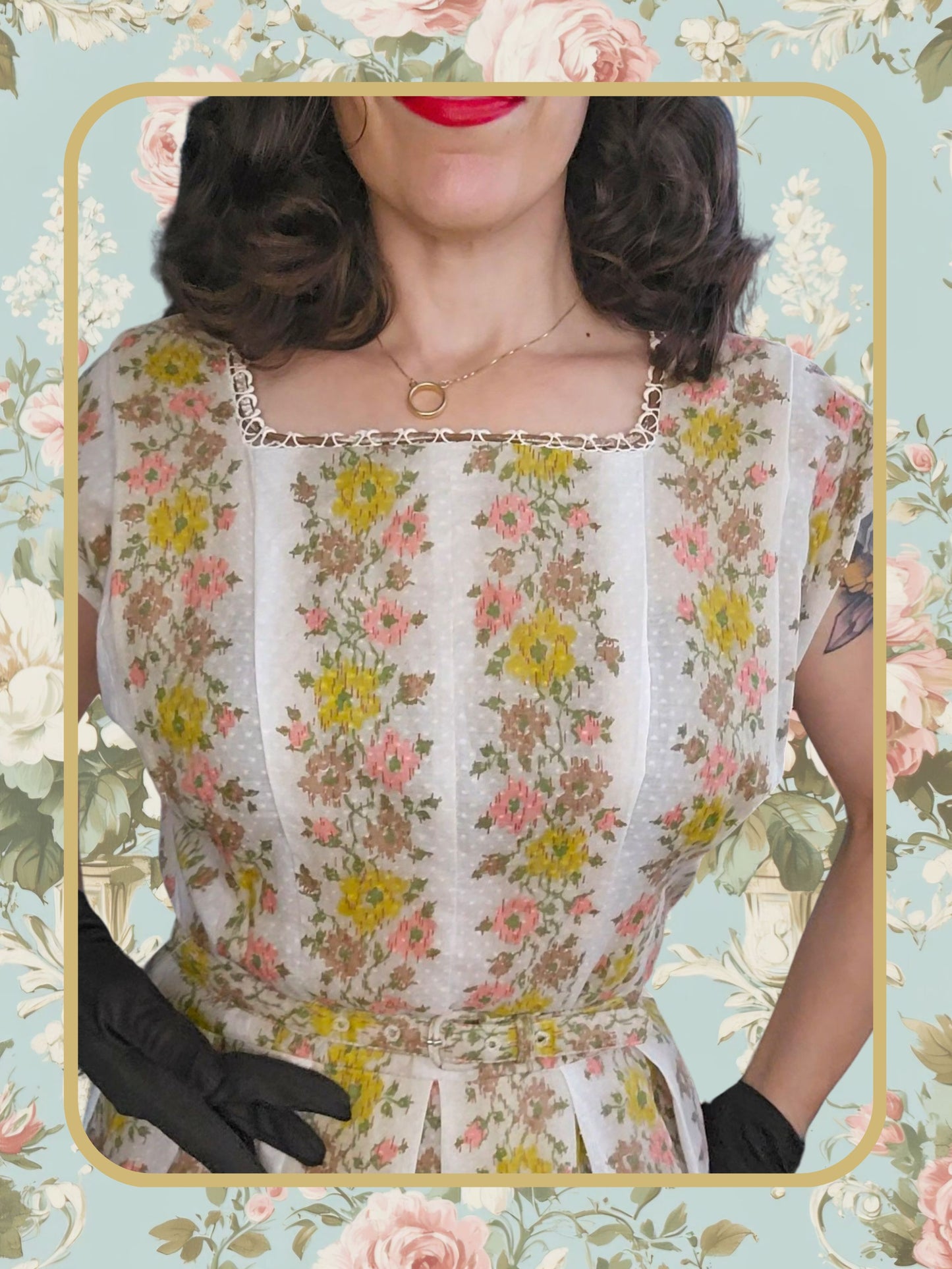SOLD - Vintage 1950's Swiss Dot Floral Dress