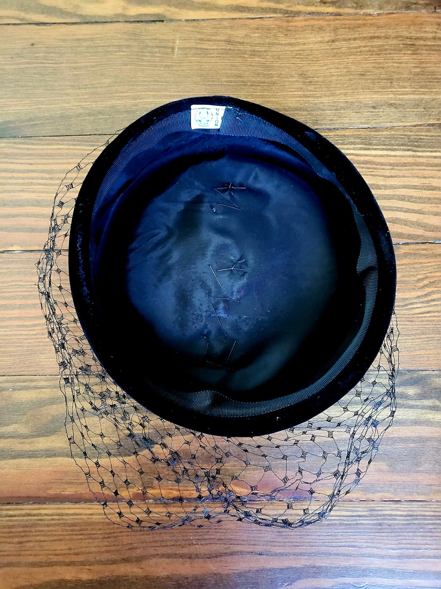 SOLD - Vintage 1950's Black Velvet Pillbox with Ribbon Detail & Birdcage Veil