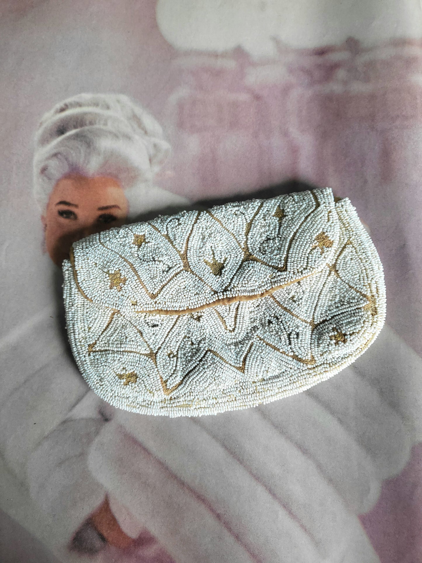 SOLD - Vintage 1930s Hand Beaded Palm Clutch - White and Peach