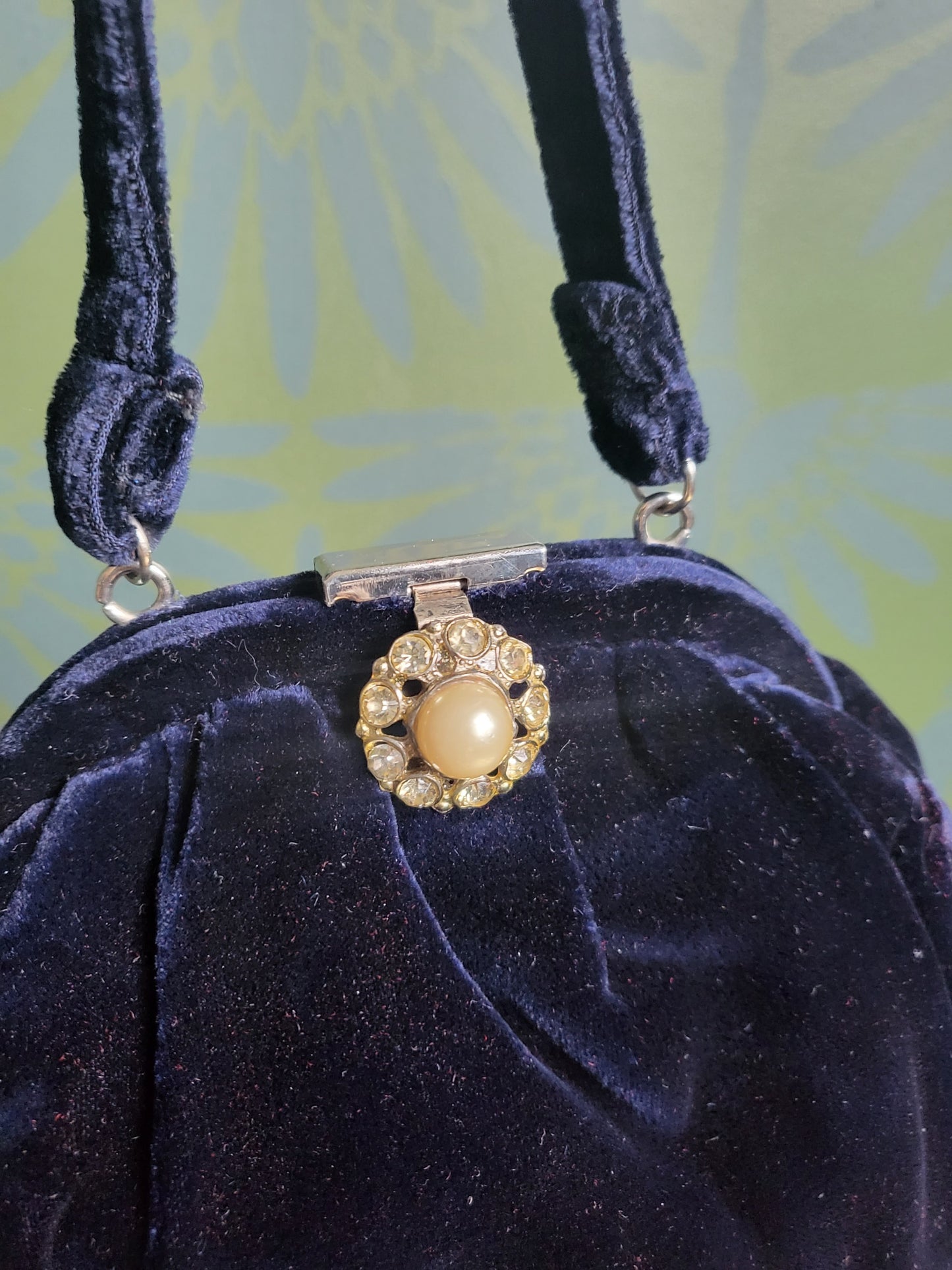 SOLD - Vintage 1940's-1950's Navy Velvet Evening Bag - Rhinestone and Pearl Clasp