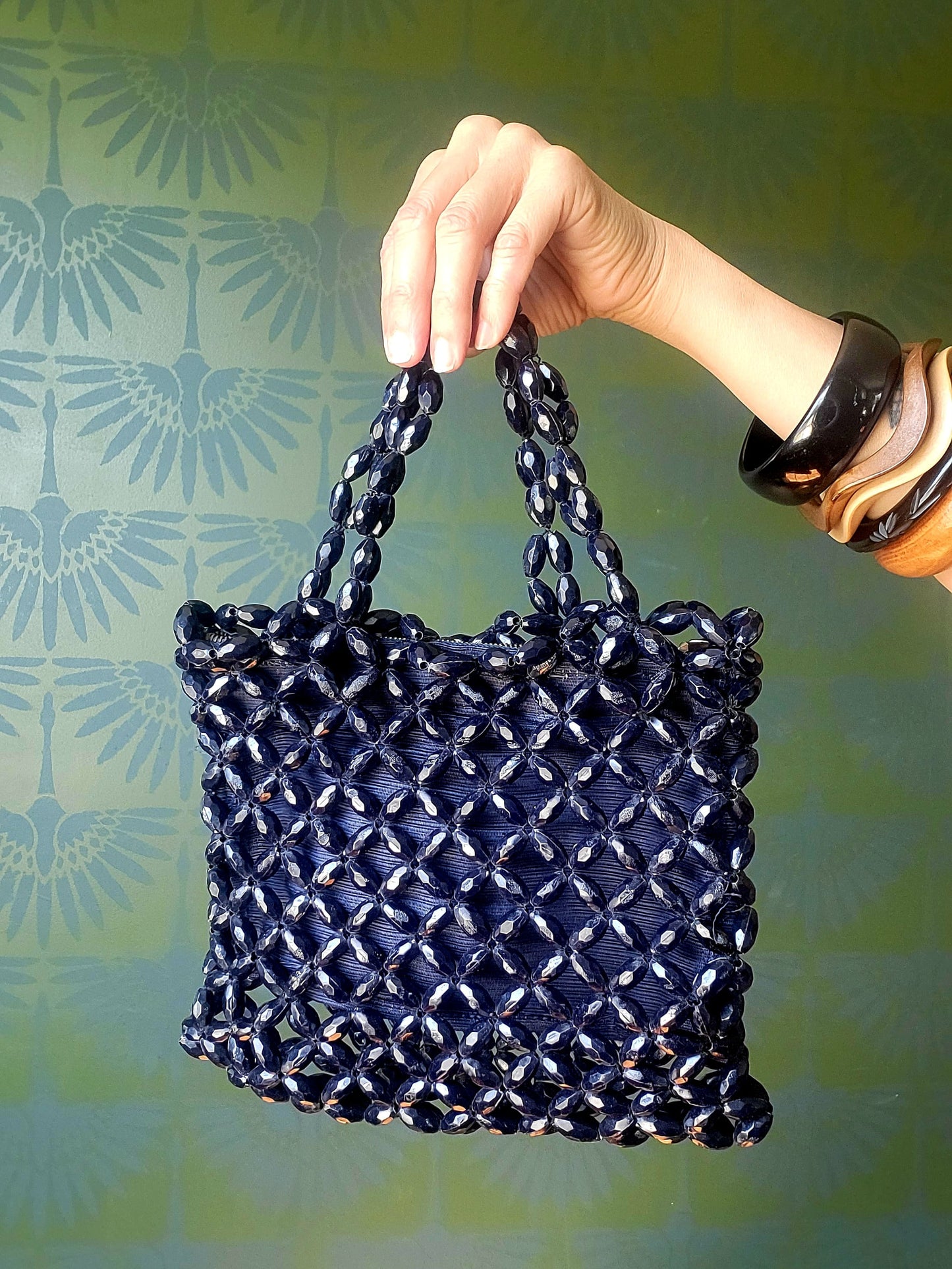 SOLD - Vintage 1950's Dark Navy Lucite Bead Handbag