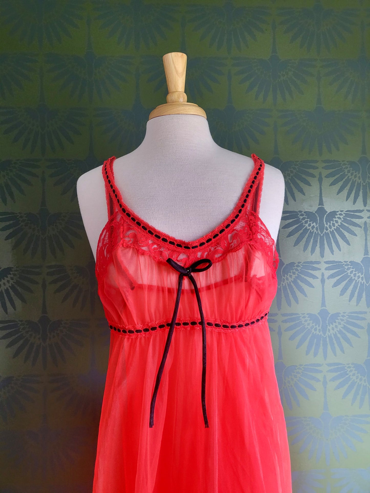 SOLD - Vintage Red Chiffon and Lace Trim Long Negligee