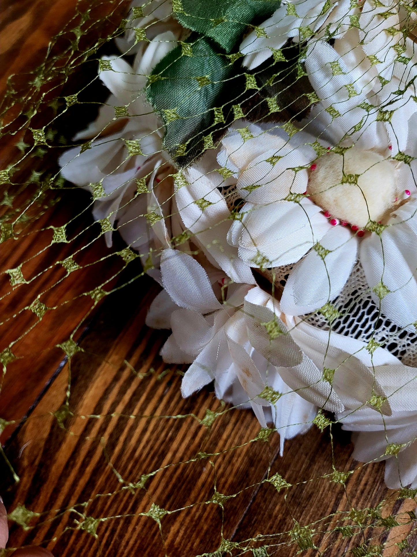 SOLD - Vintage 1950s-1960s Kent of New York Ivory Daisy Trimmed Topper With Green Birdcage Veil