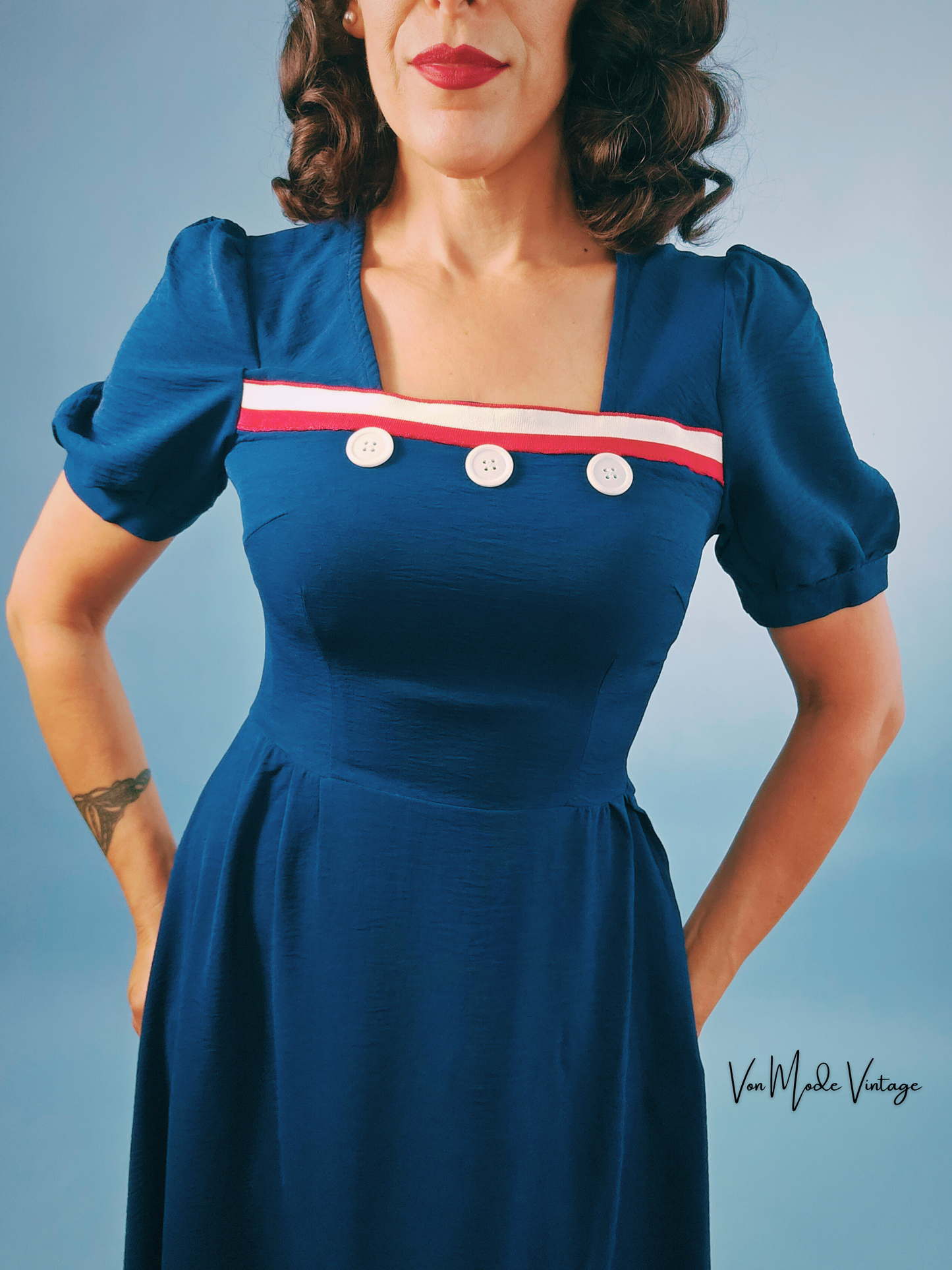 1940's Style Navy Square Neck Dress