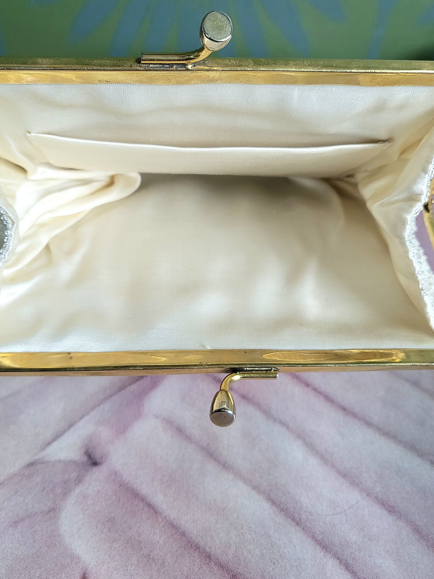 SOLD - Vintage 1950's White Satin and Bead Evening Bag