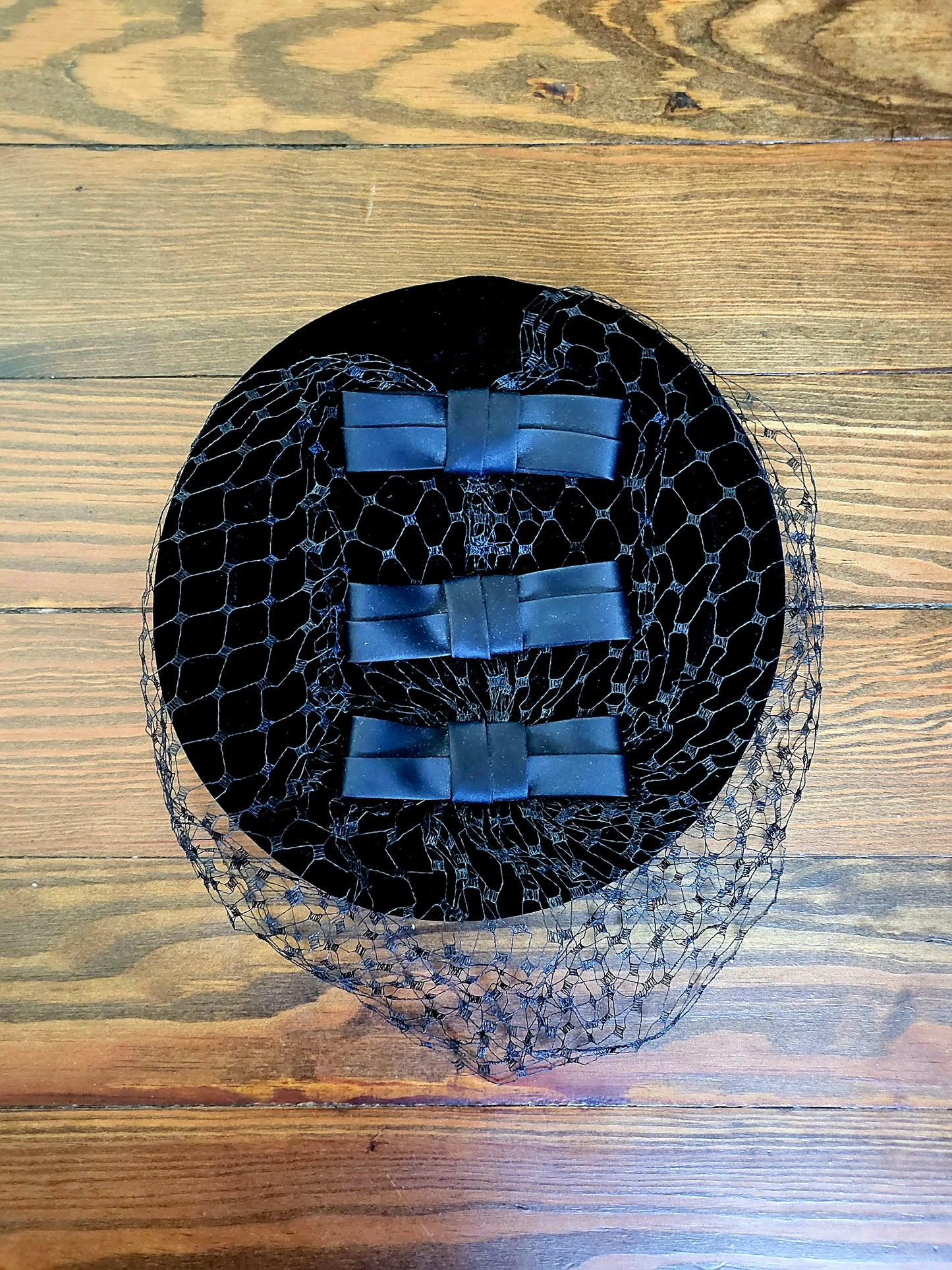 SOLD - Vintage 1950's Black Velvet Pillbox with Ribbon Detail & Birdcage Veil