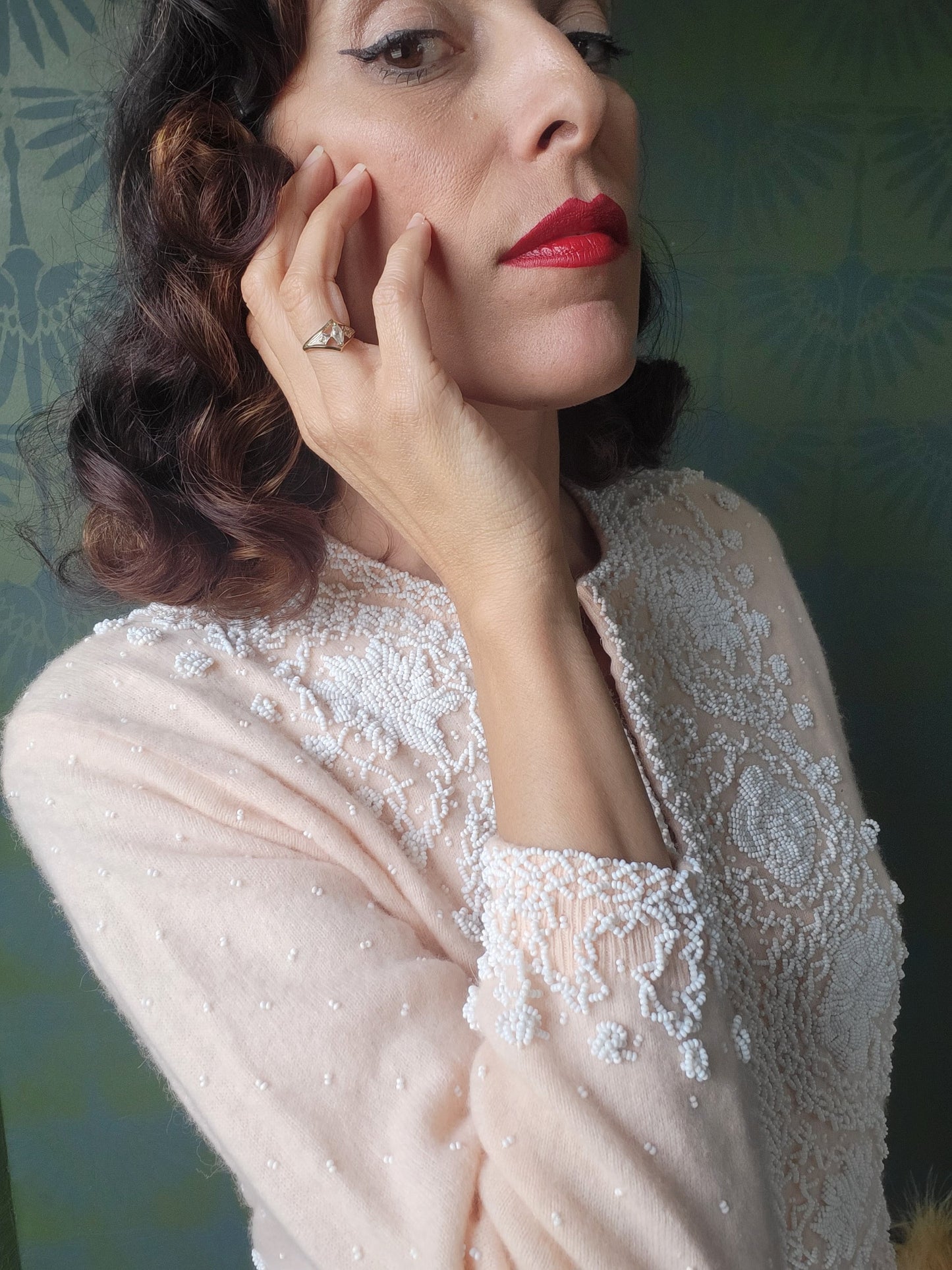 SOLD - Vintage 1950's Doreen Loh Pale Peach Beaded Cashmere Wool Cardigan