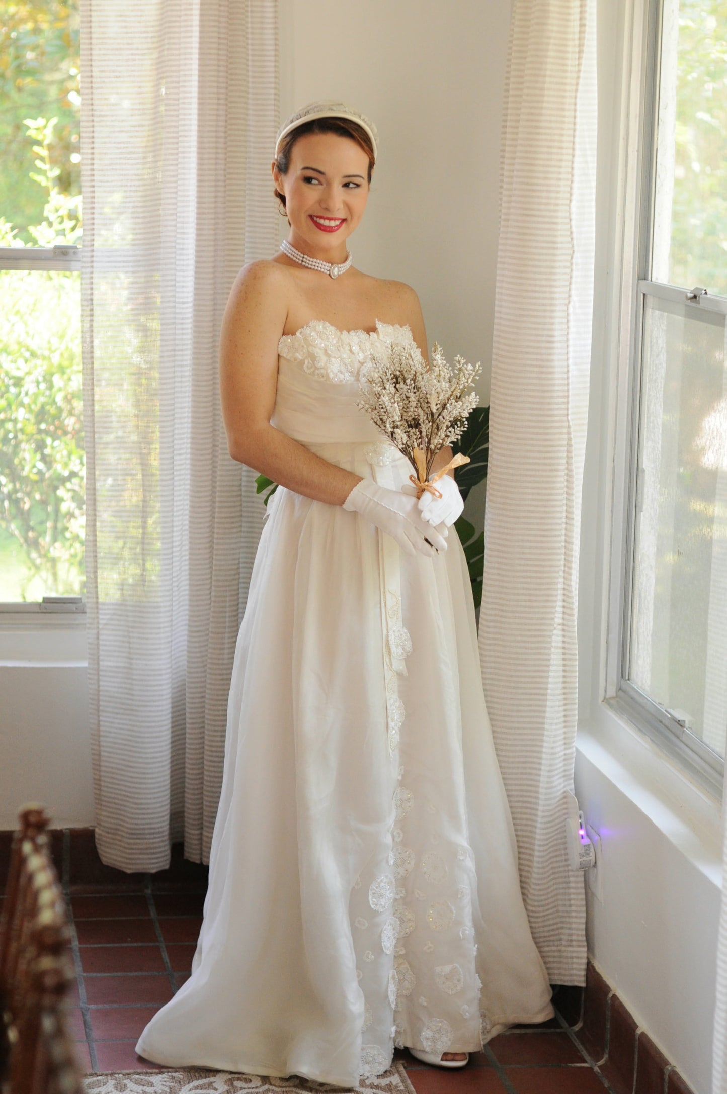 SOLD - Vintage 1950's Strapless Ivory Wedding Dress with Sequenced Lace Appliques