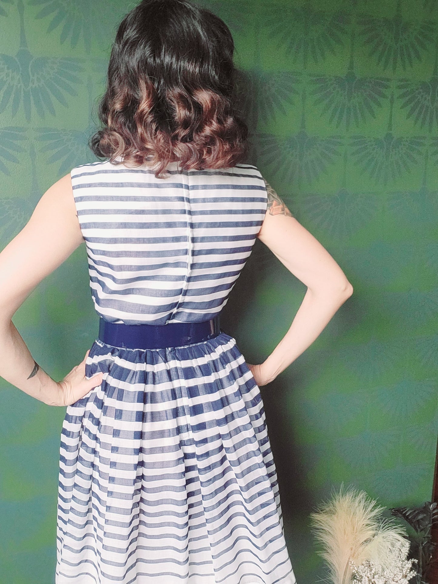 SOLD - Vintage Hartly Westwood Fashions Striped Full Skirt Dress -Navy/White