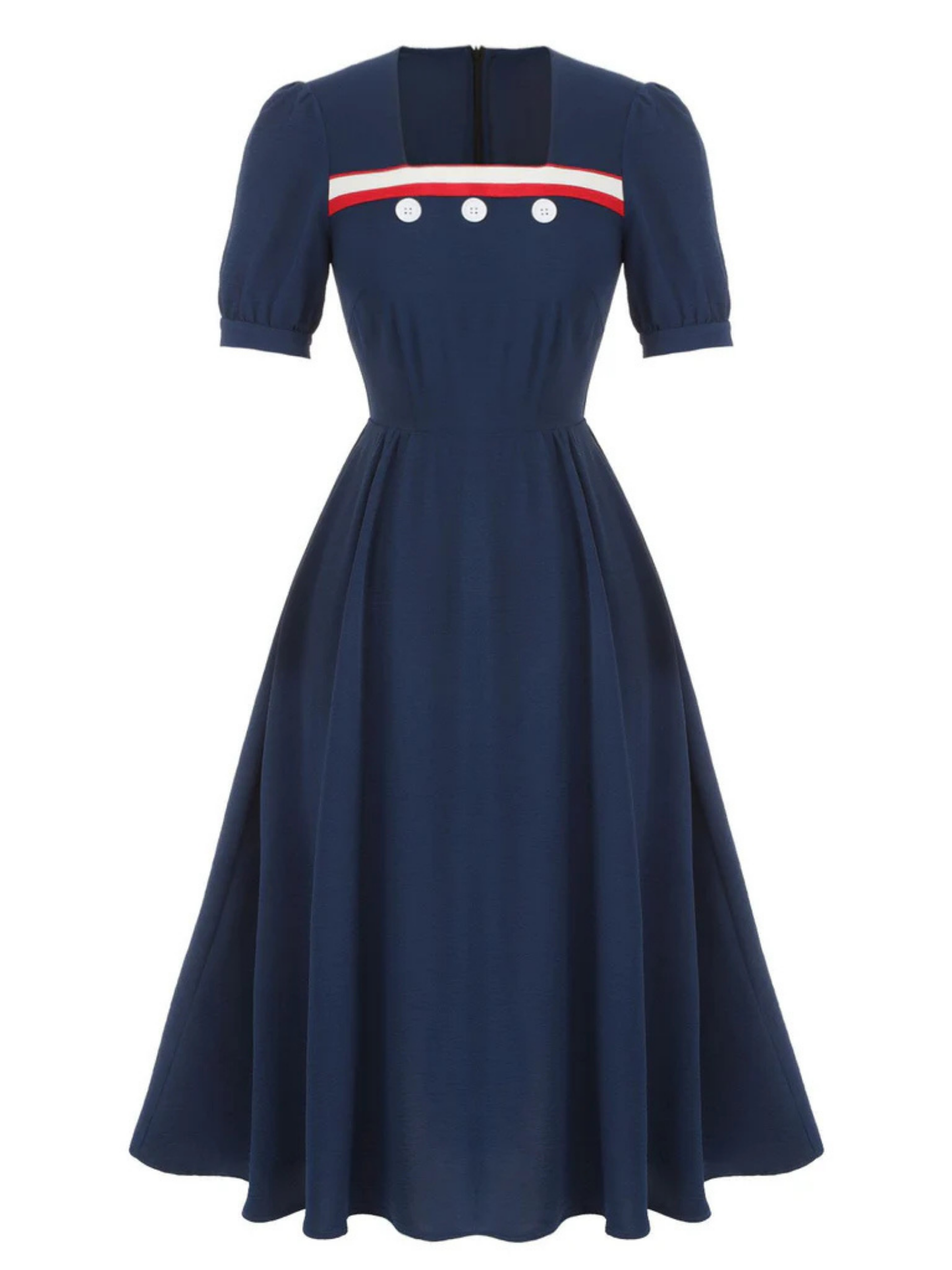 1940's Style Navy Square Neck Dress