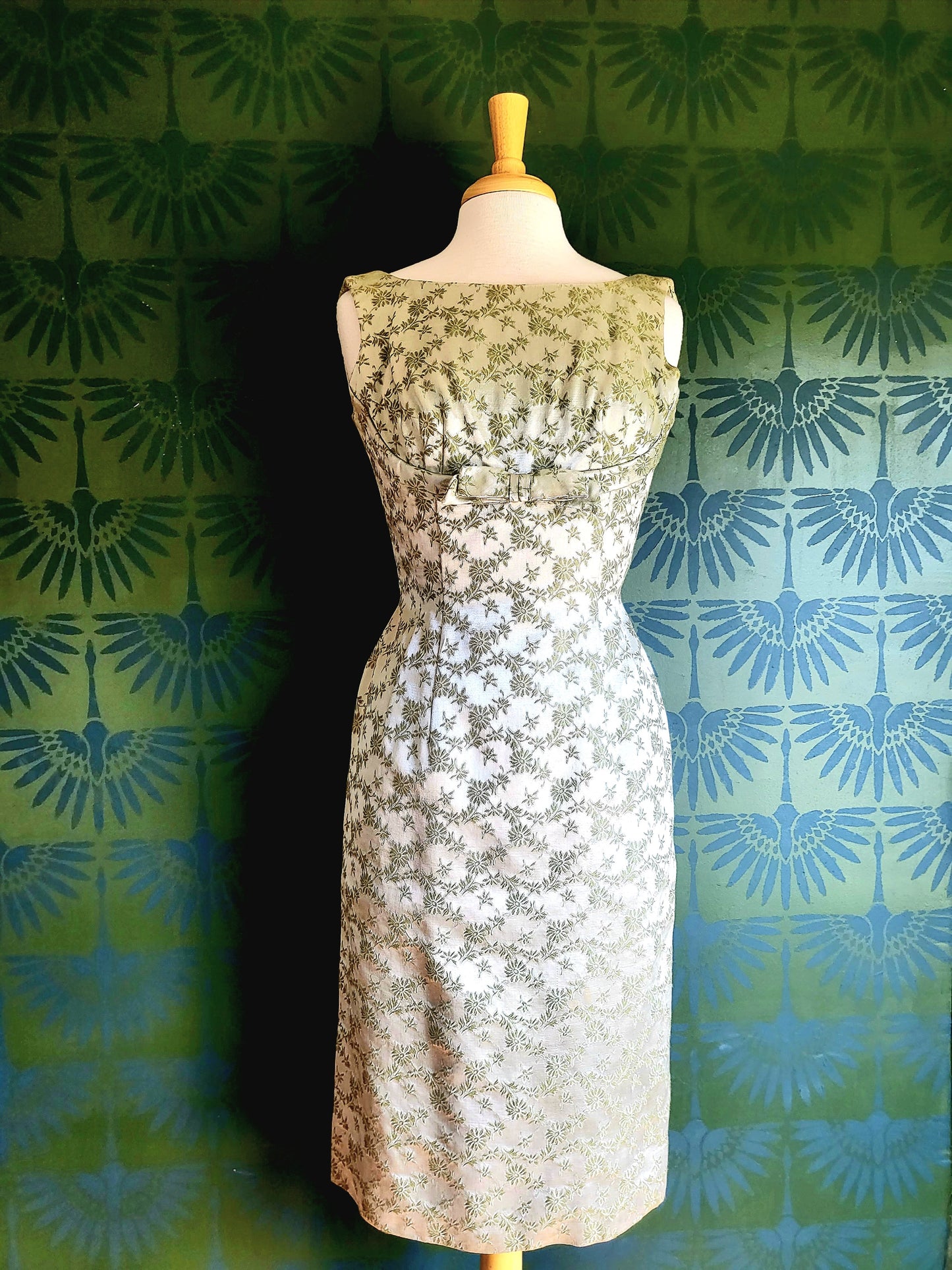SOLD - Vintage 1950's-1960's Carol Craig Sage Green Brocade Wiggle Dress with Bolero