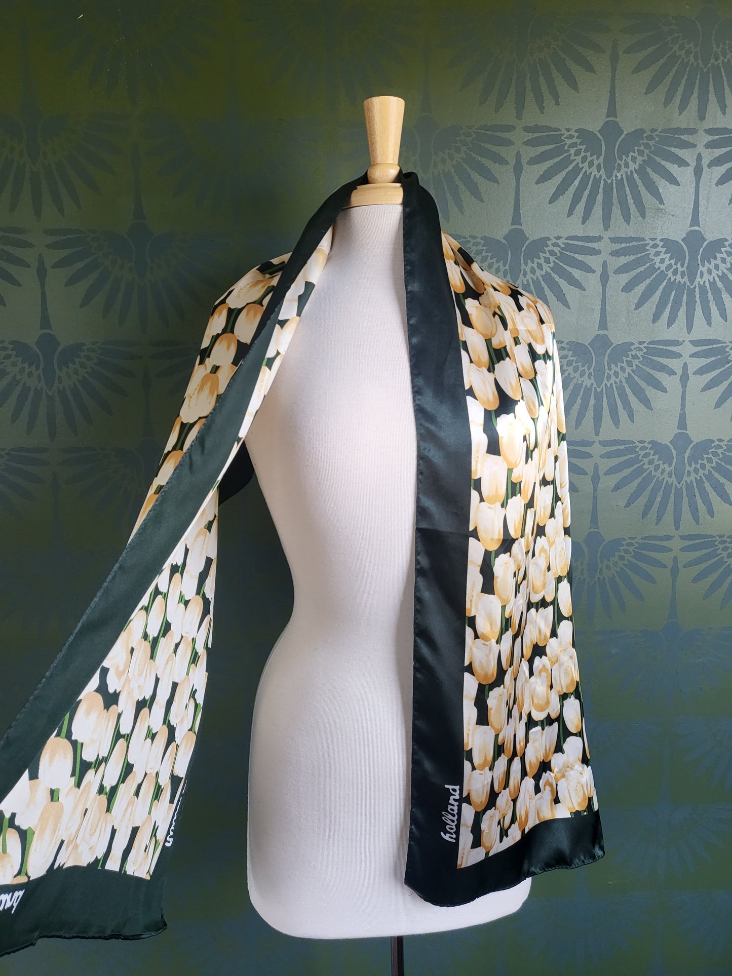 SOLD - Vintage Robin Ruth Tulip Scarf Forrest Green Floral Flowers Long Rectangle