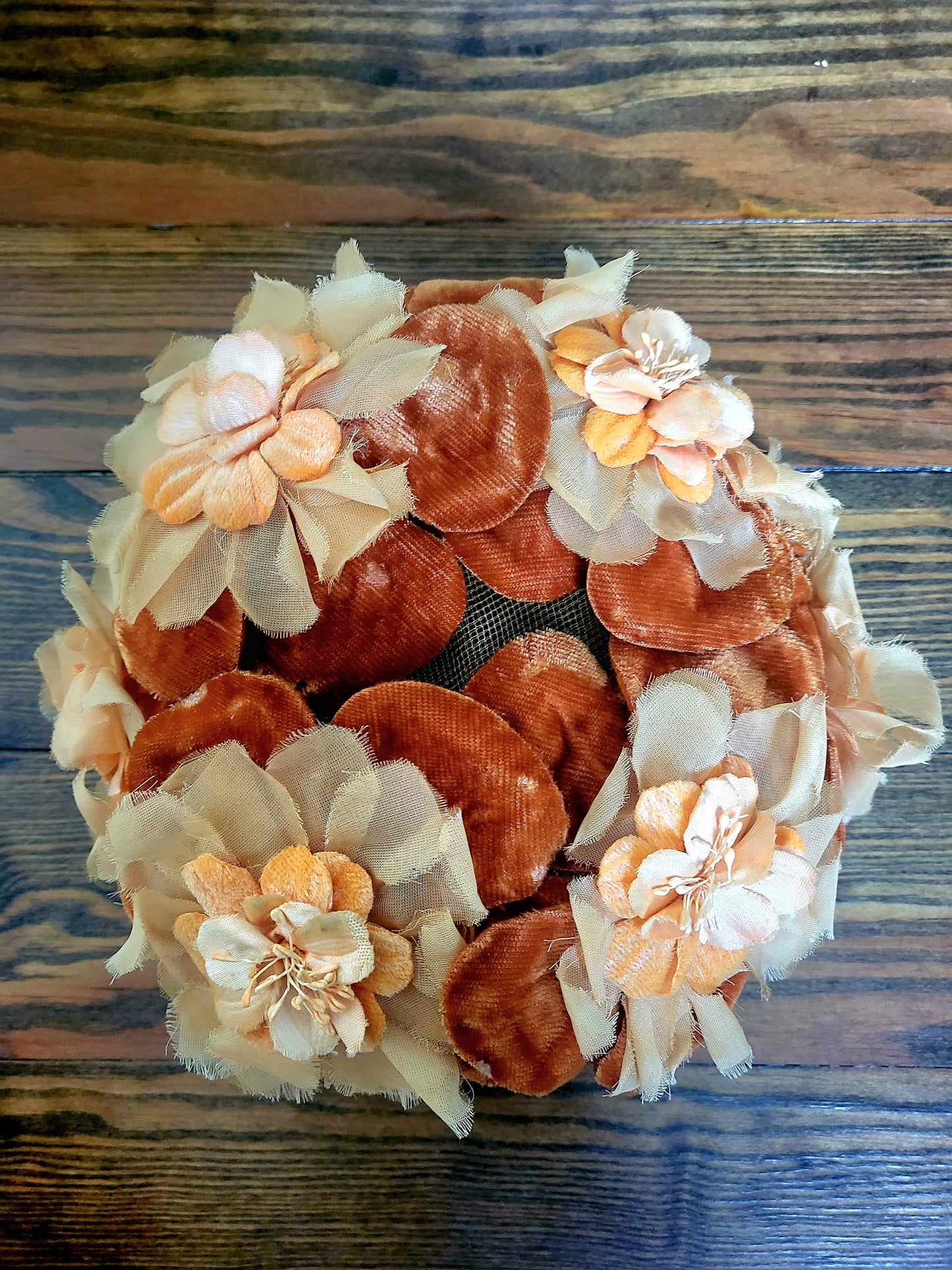 SOLD - Vintage 1950s-1960s Peach and Dark Orange Plush Velvet and Tan Chiffon Flower Crescent Topper