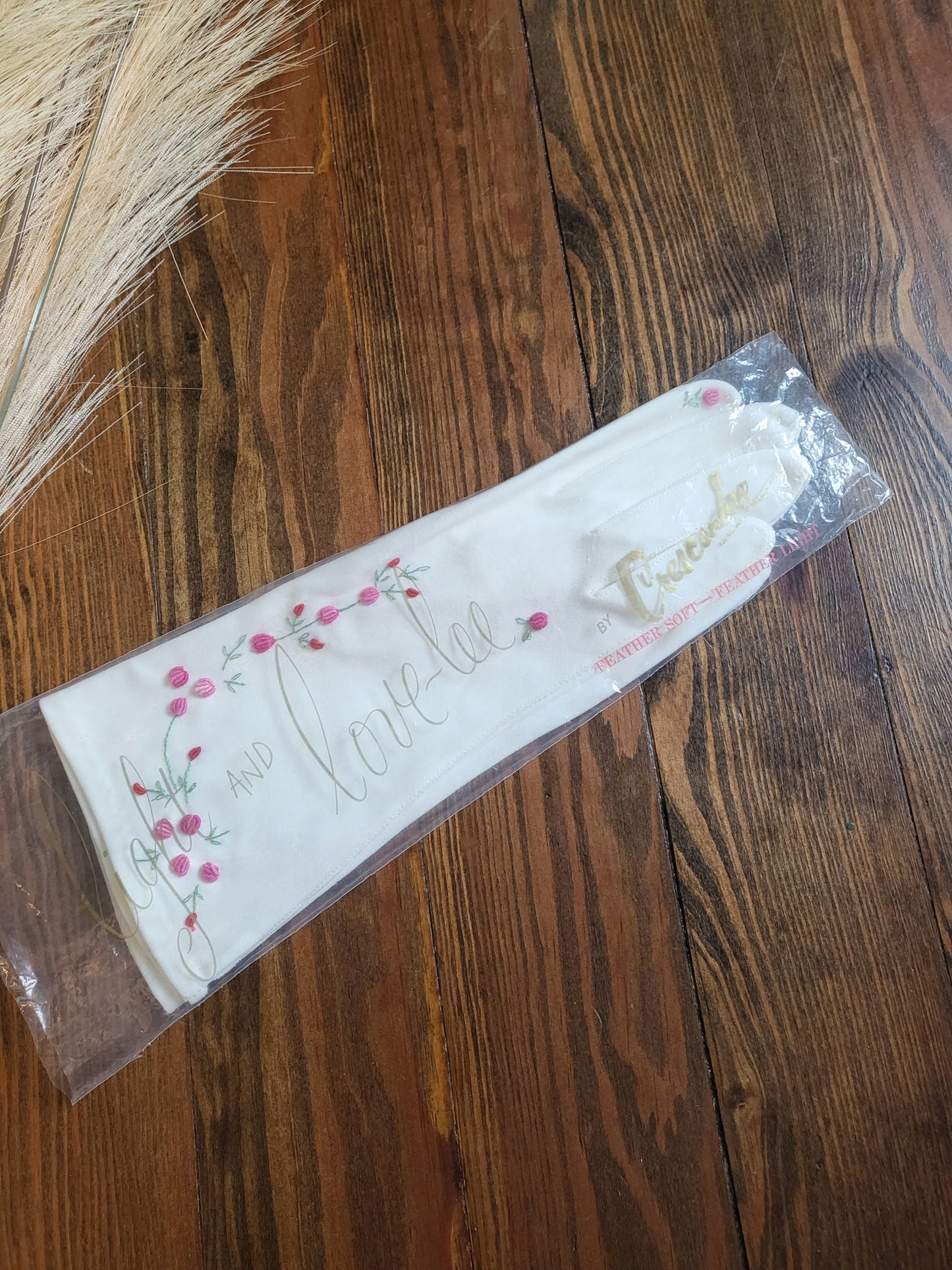 SOLD - Vintage 1950's-1960's Love-Lee by Crescendoe White Gloves with Pink Flowers