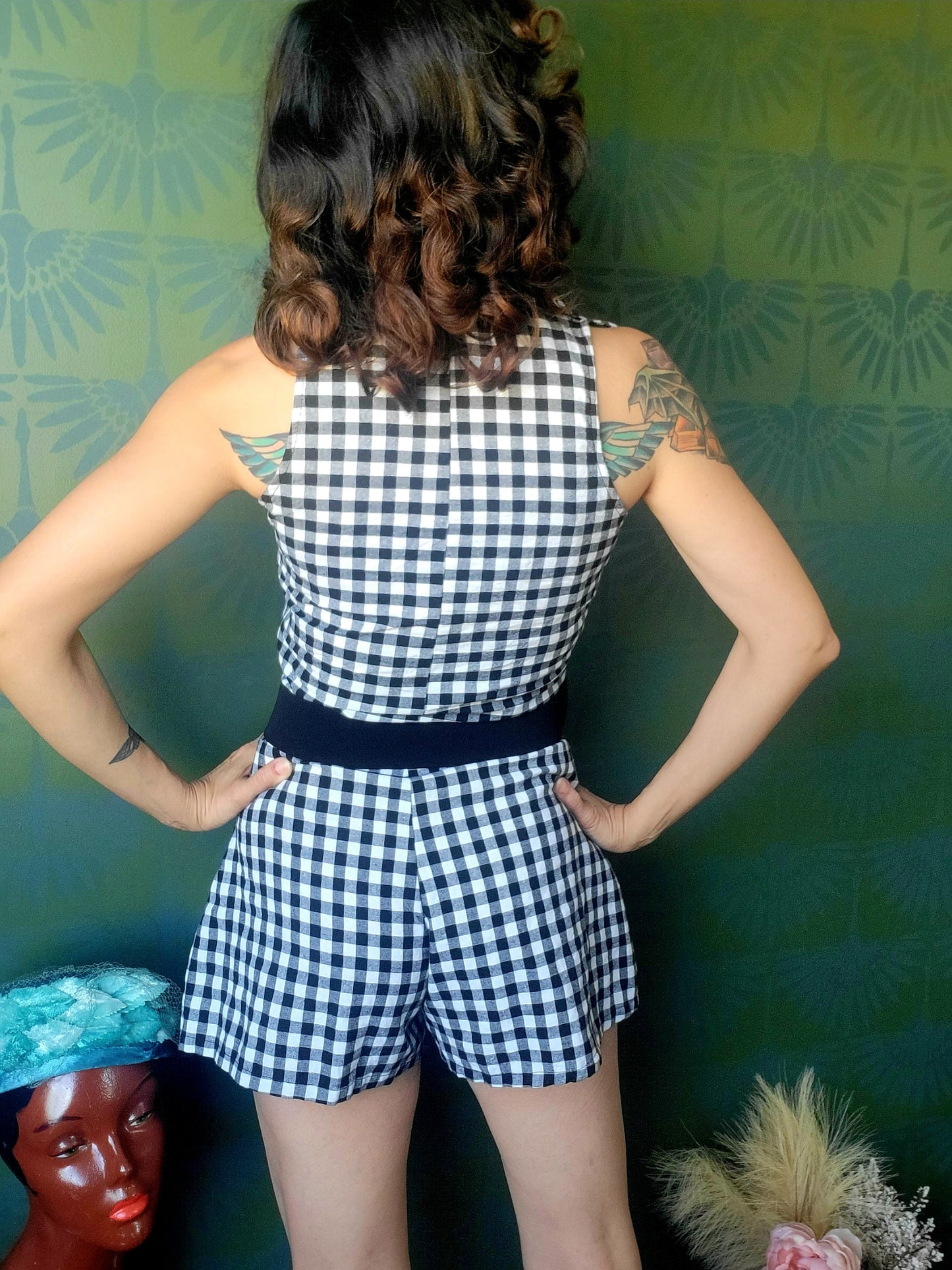Vintage Style Gingham Playsuit - Black/White
