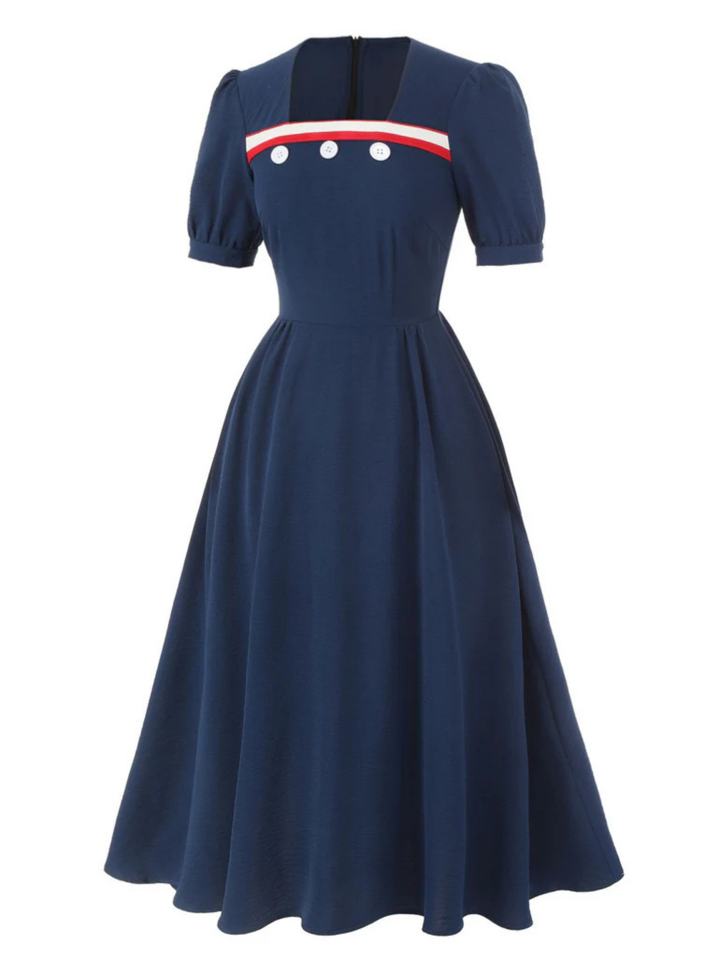 1940's Style Navy Square Neck Dress