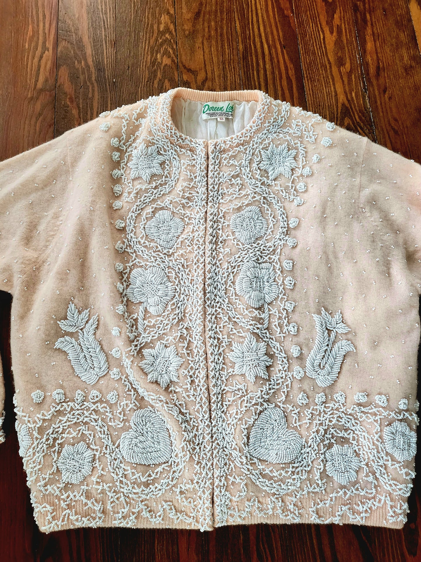 SOLD - Vintage 1950's Doreen Loh Pale Peach Beaded Cashmere Wool Cardigan