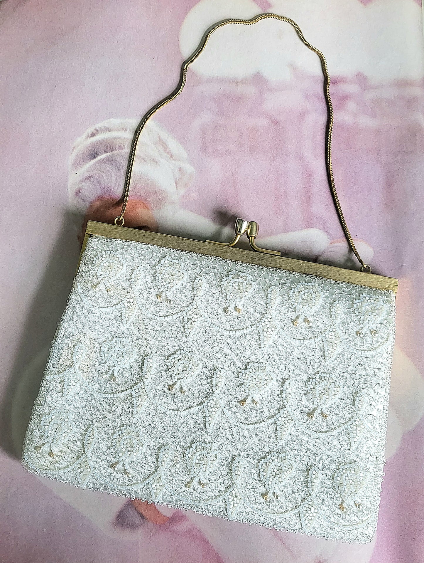 SOLD - Vintage 1950's White Satin and Bead Evening Bag