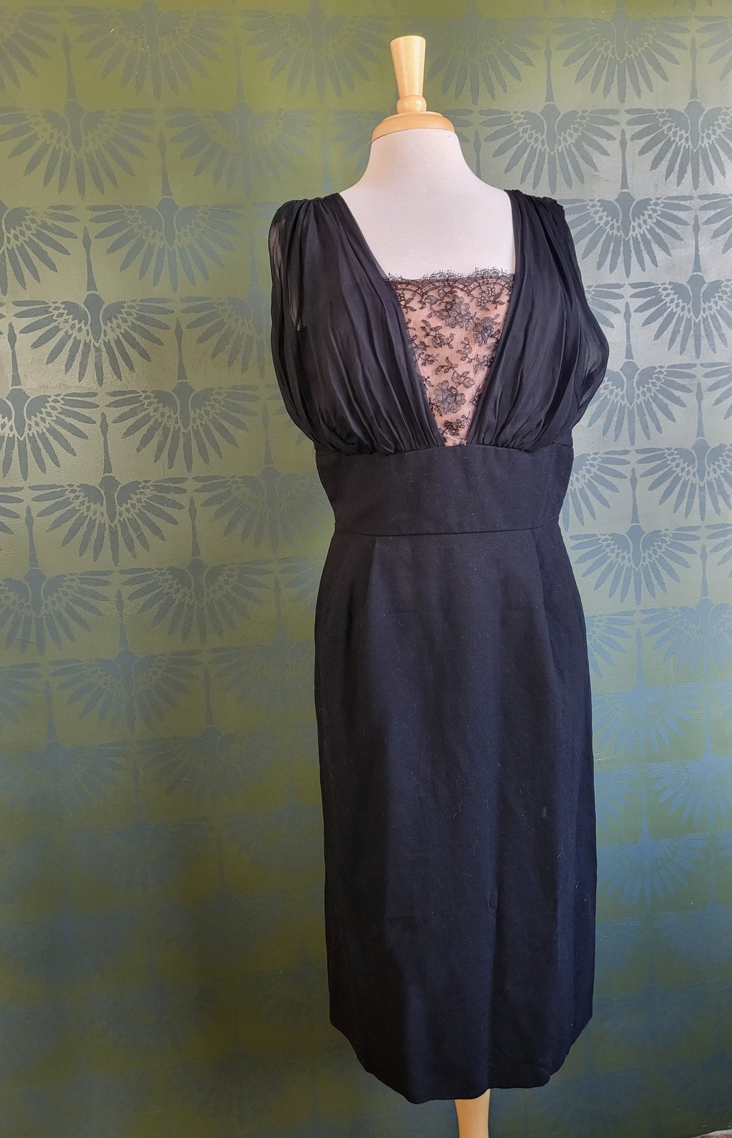 Vintage Black Cocktail Dress with Lace and Silk Chiffon Bodice
