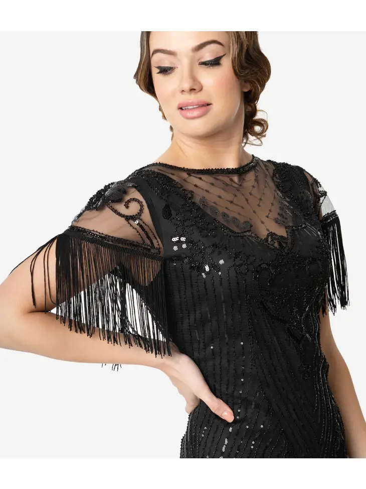 1920s Style Black Beaded Fringe Sleeve Nadine Flapper Dress
