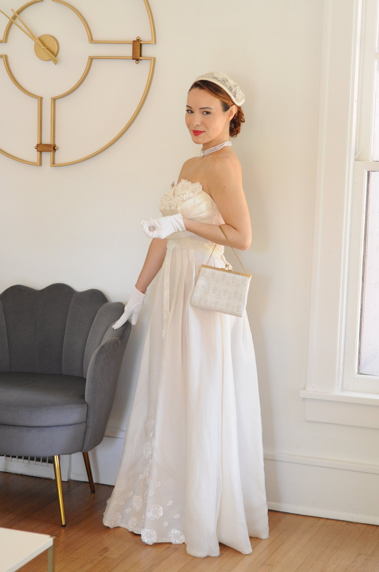 SOLD - Vintage 1950's Strapless Ivory Wedding Dress with Sequenced Lace Appliques